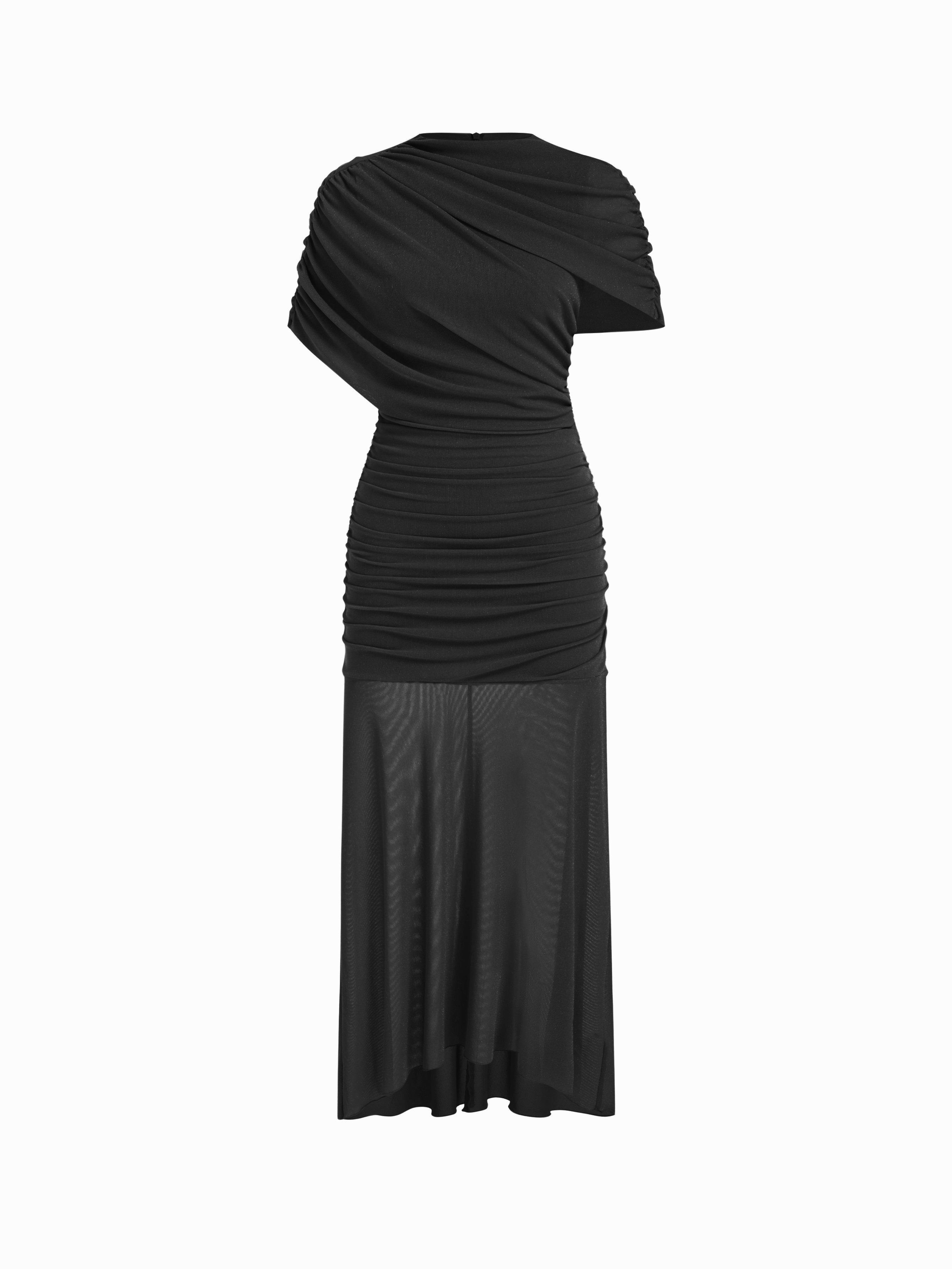 Robe longue maxi à encolure cheminée, col structuré, manches cape, effet froncé et ourlet dégradé high-low by CIDER