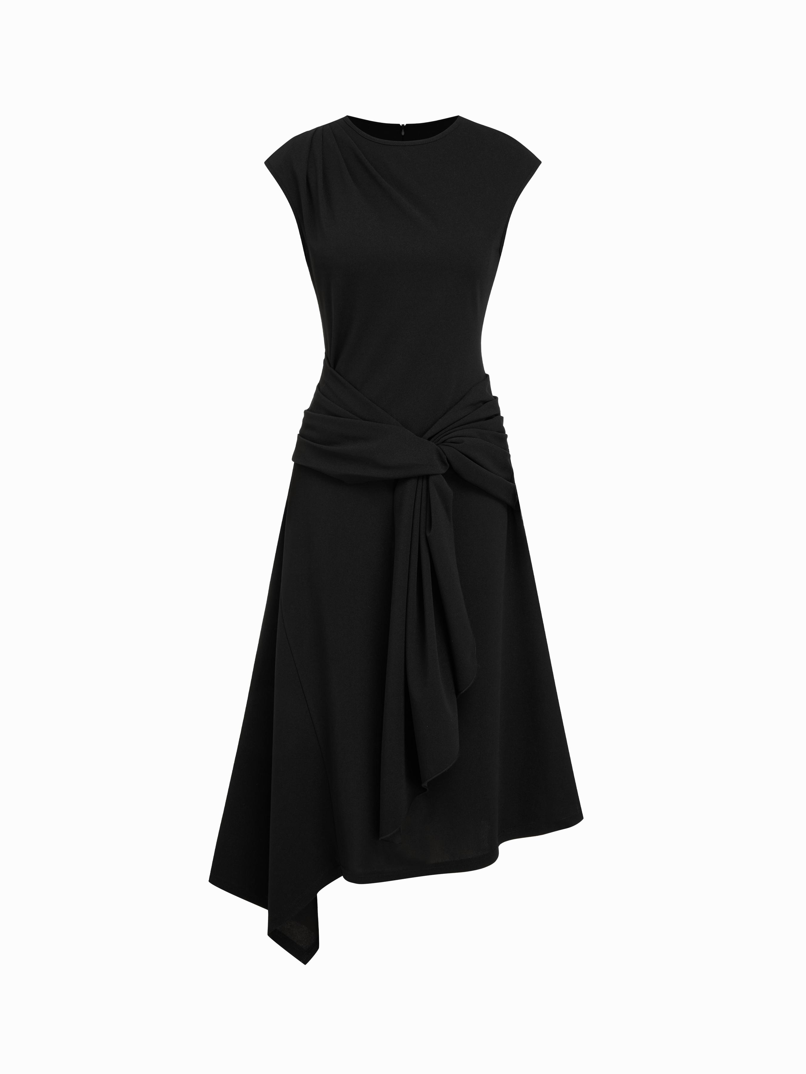 Round Neck Belted Asymmetrical Hem Midi Dress by CIDER