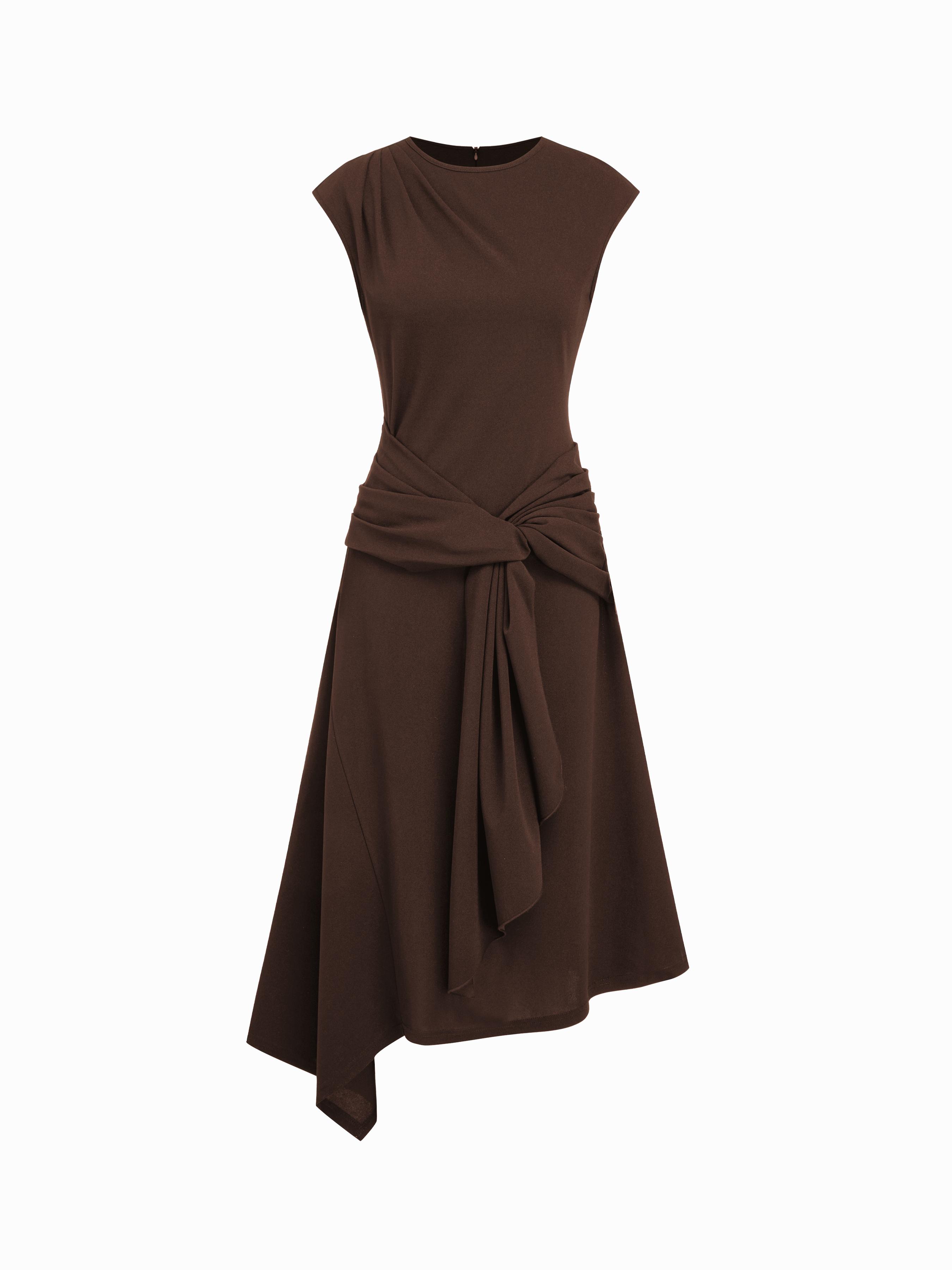 Round Neck Belted Asymmetrical Hem Midi Dress by CIDER