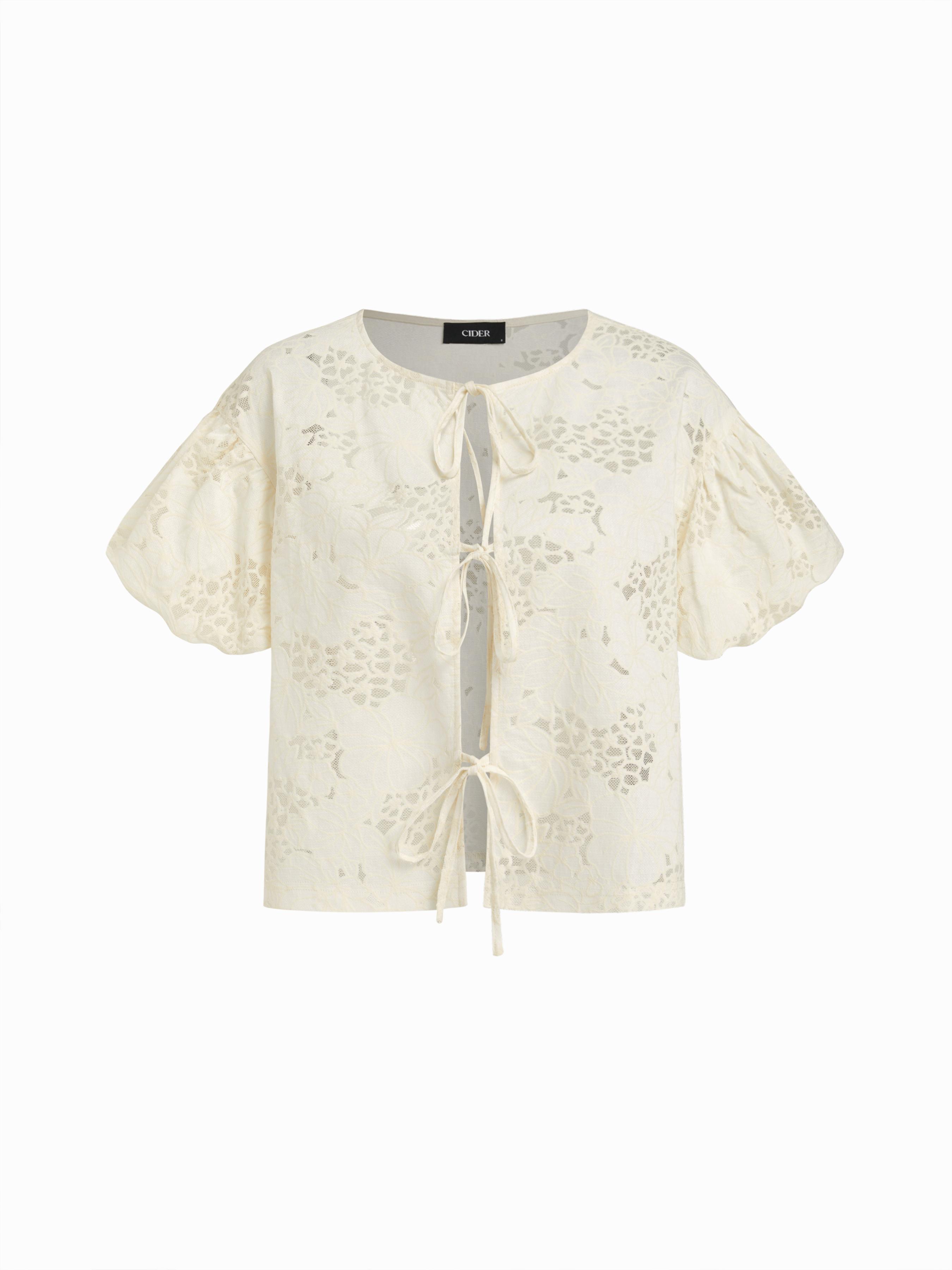 Round Neck Floral Tie Front Bow Blouse by CIDER