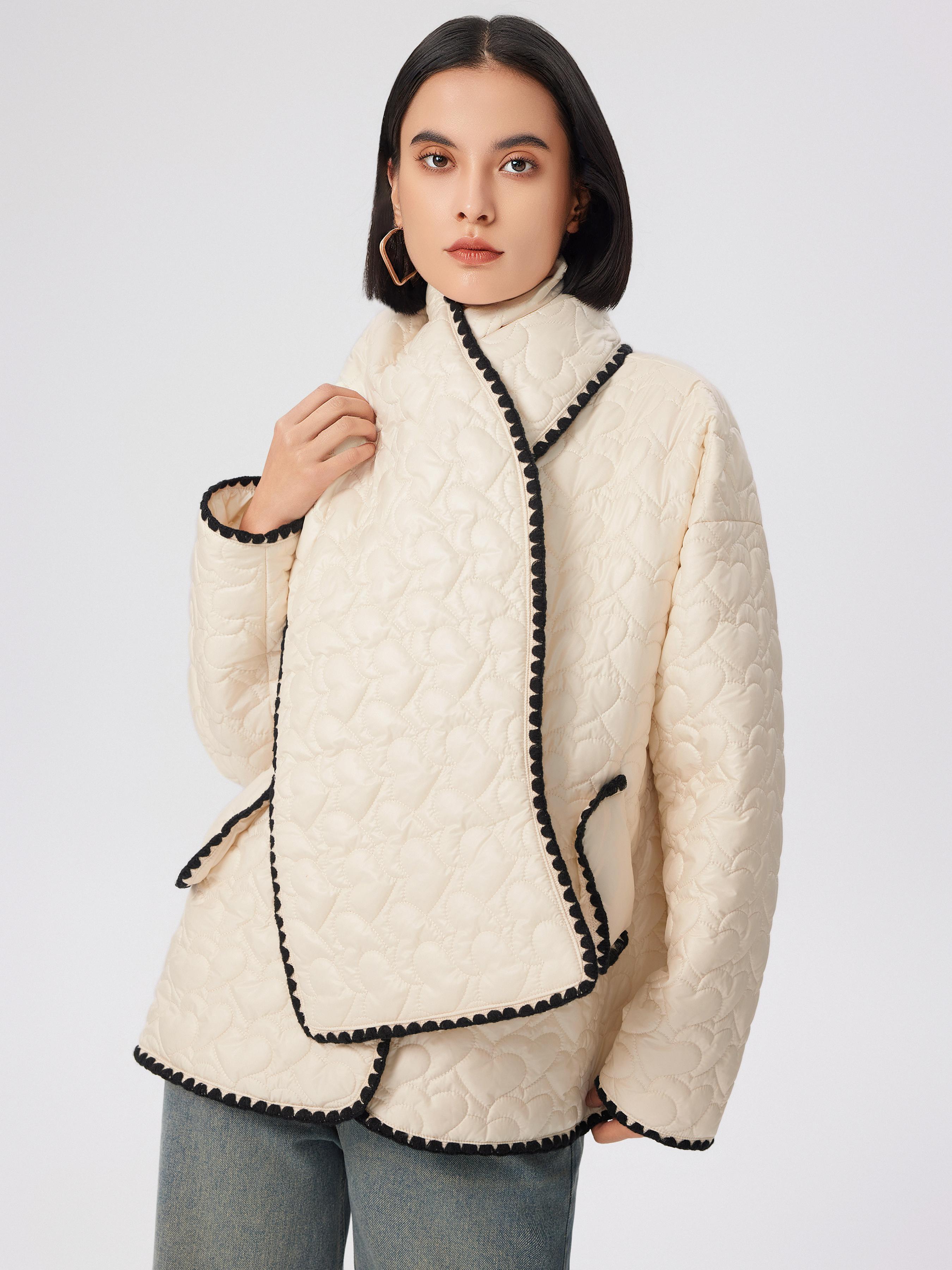 Round Neck Geometric Pocket Coat With Scarf by CIDER