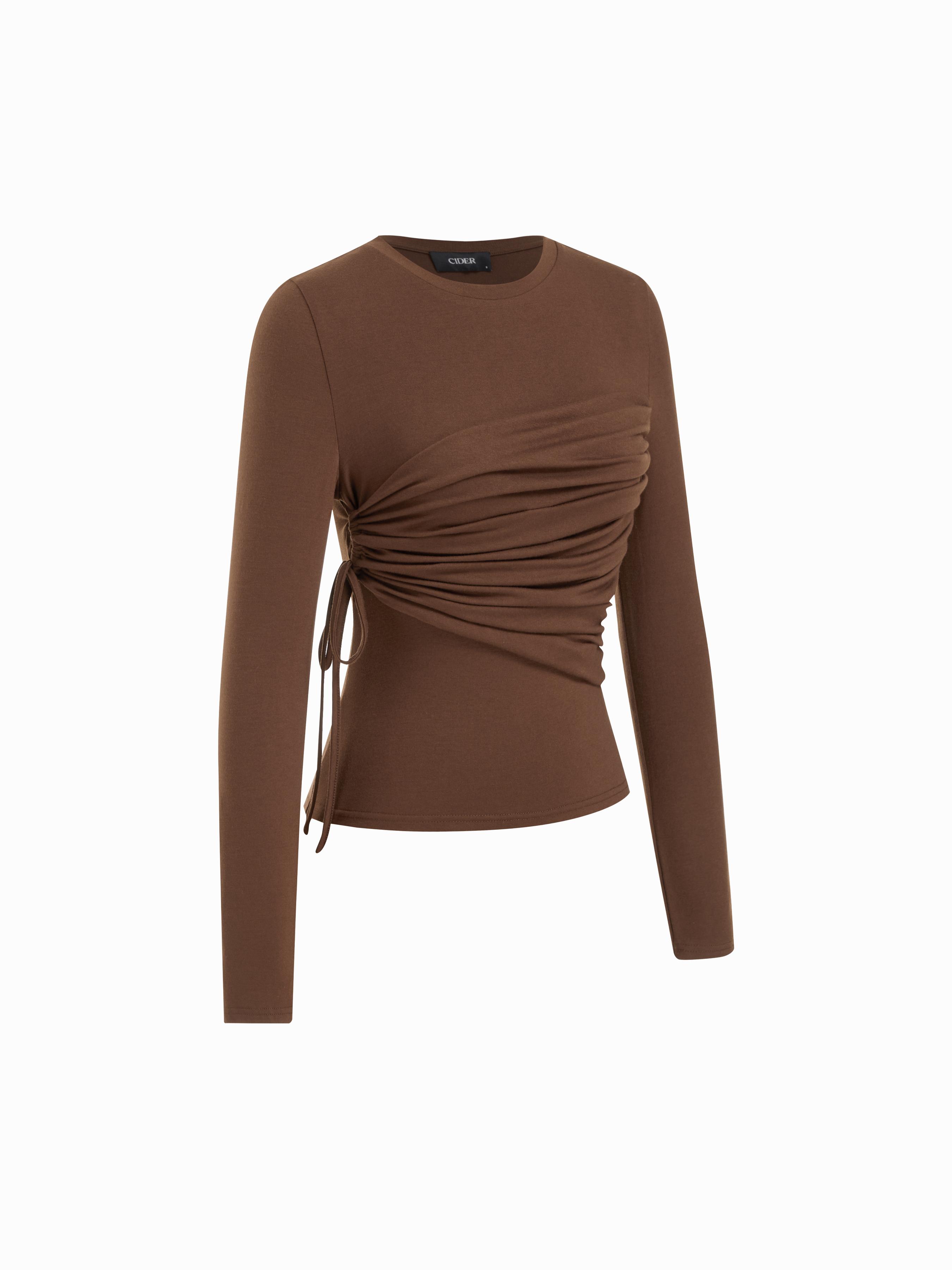 Round Neck Ruched Drawstring Long Sleeve Top by CIDER