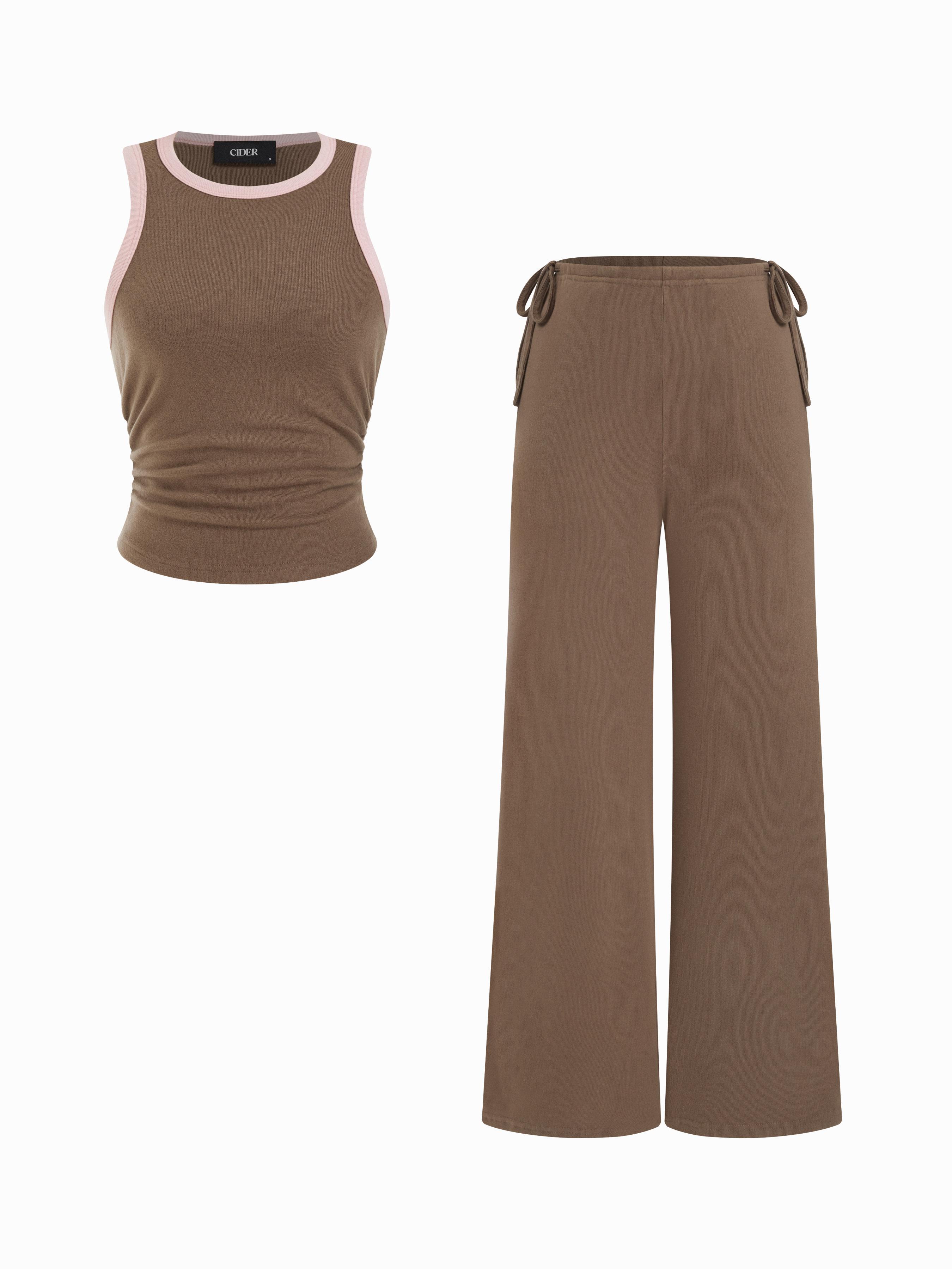 Round Neck Ruched Tank Top & Mid Rise Side Tie Wide Leg Trousers Set by CIDER