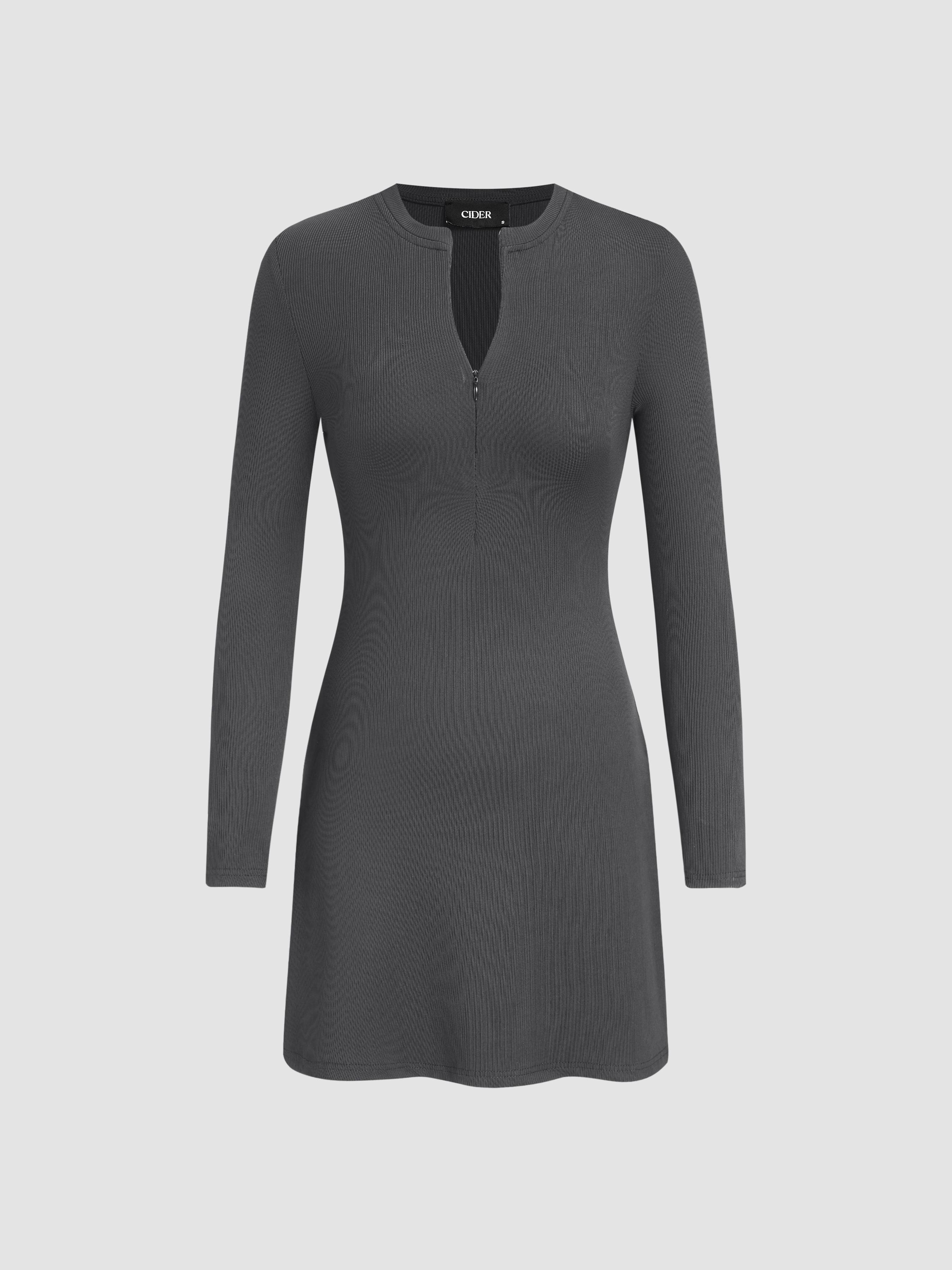 Round Neck Solid Zipper Mini Dress by CIDER