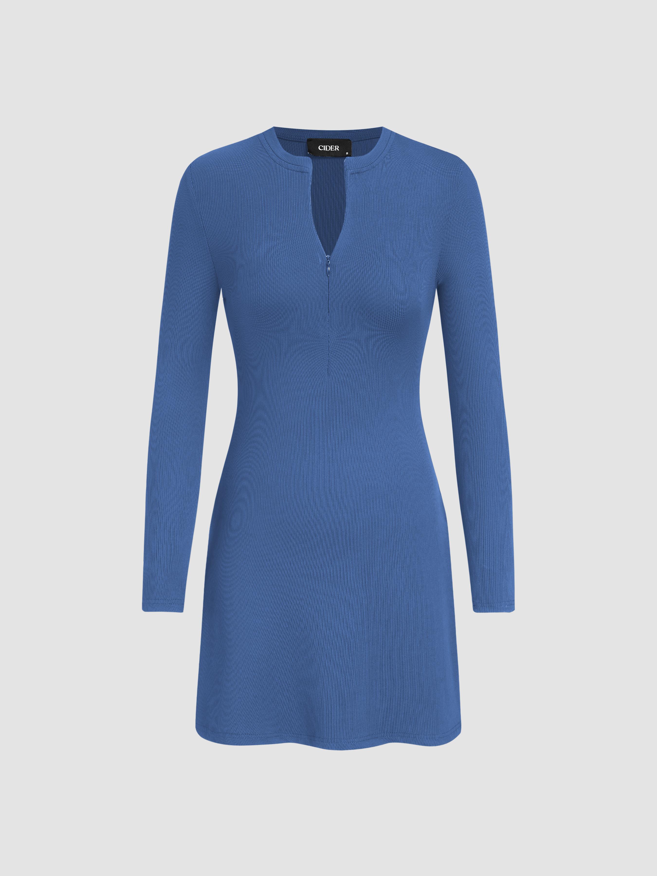 Round Neck Solid Zipper Mini Dress by CIDER