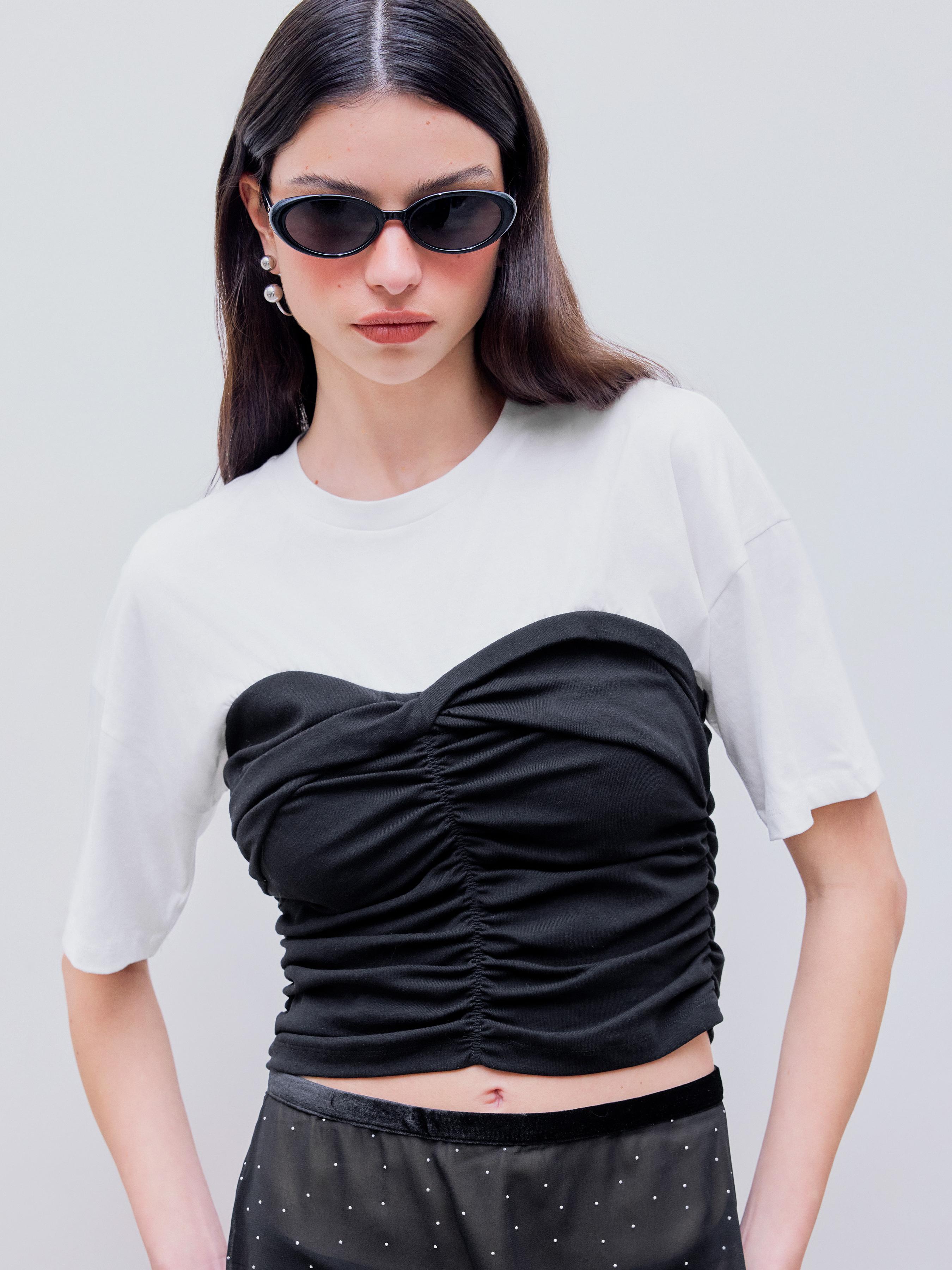 Round Neck Two Tone Ruched Crop Short Sleeve Top by CIDER