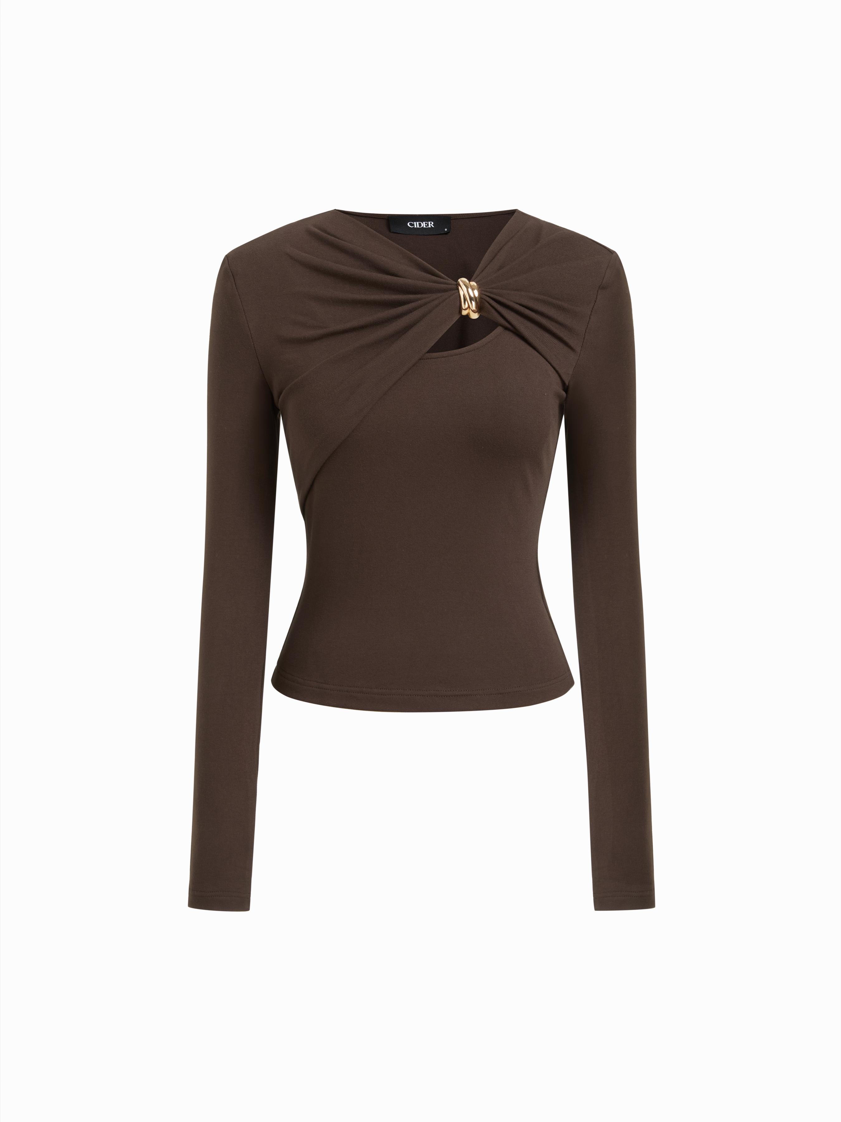 Round Neckline Asymmetrical Twist Metal Detail Top by CIDER