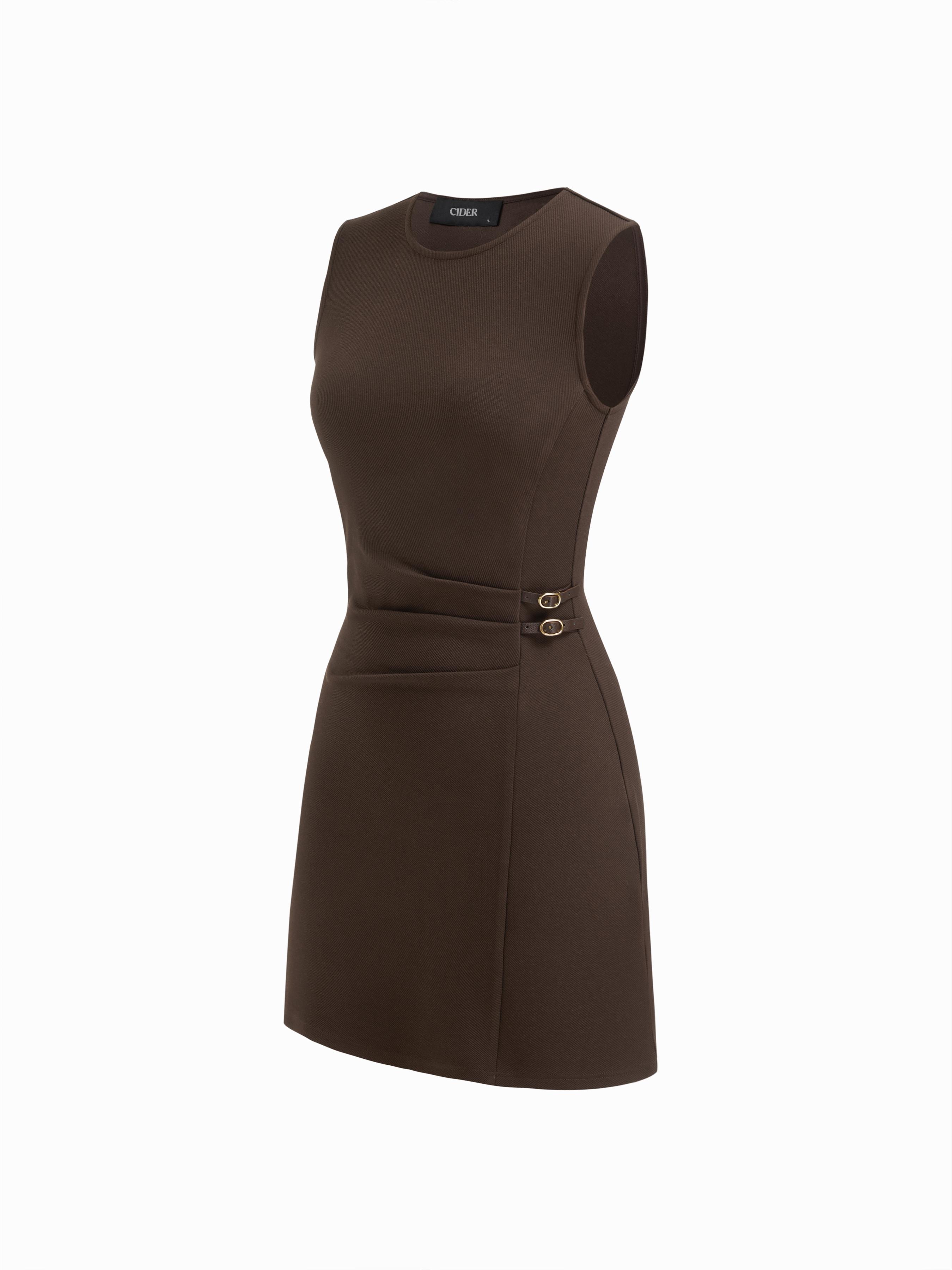 Round Neckline Belted Ruched Mini Dress by CIDER