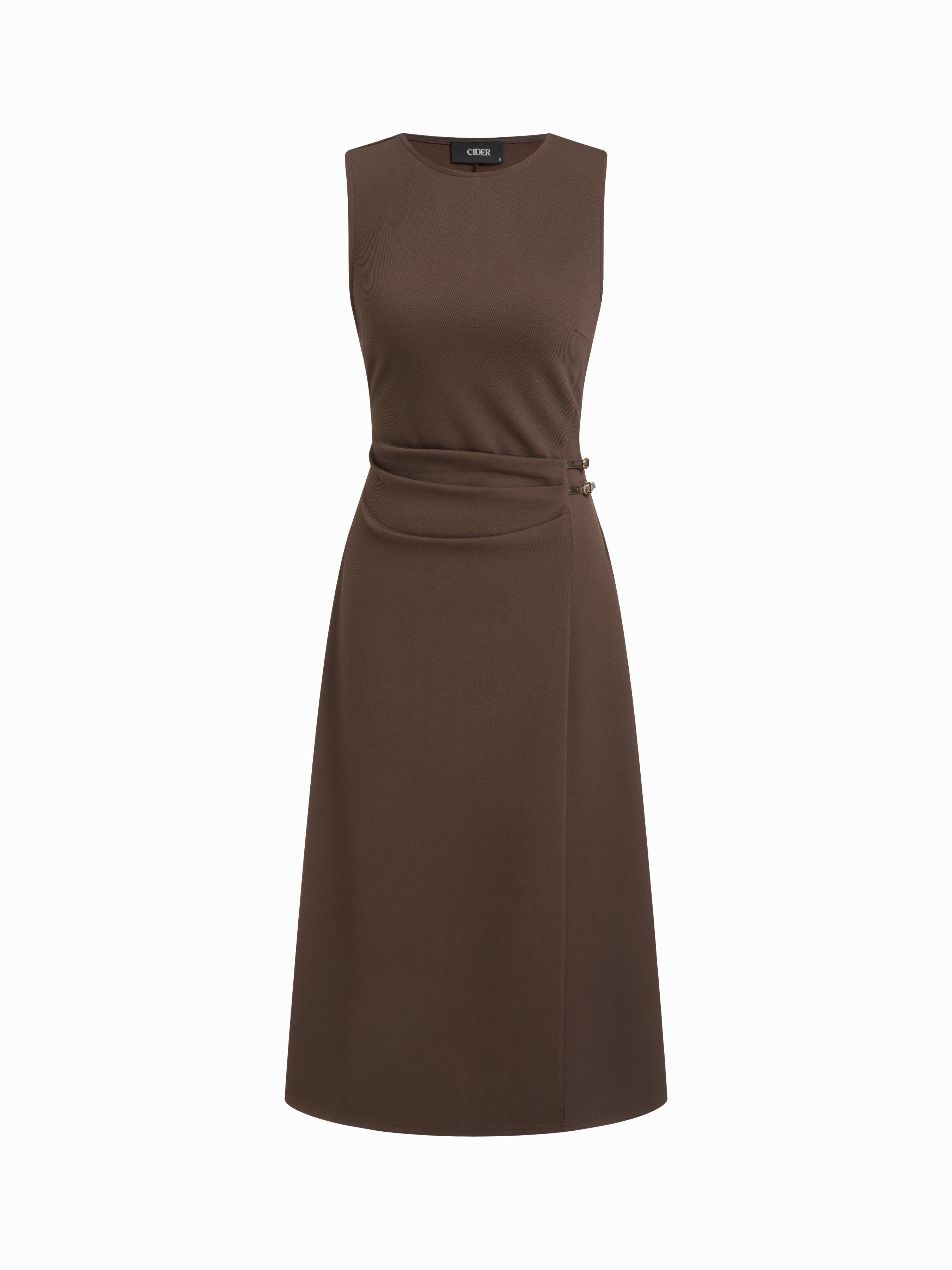 Round Neckline Belted Zip Through Ruched Midi Dress by CIDER
