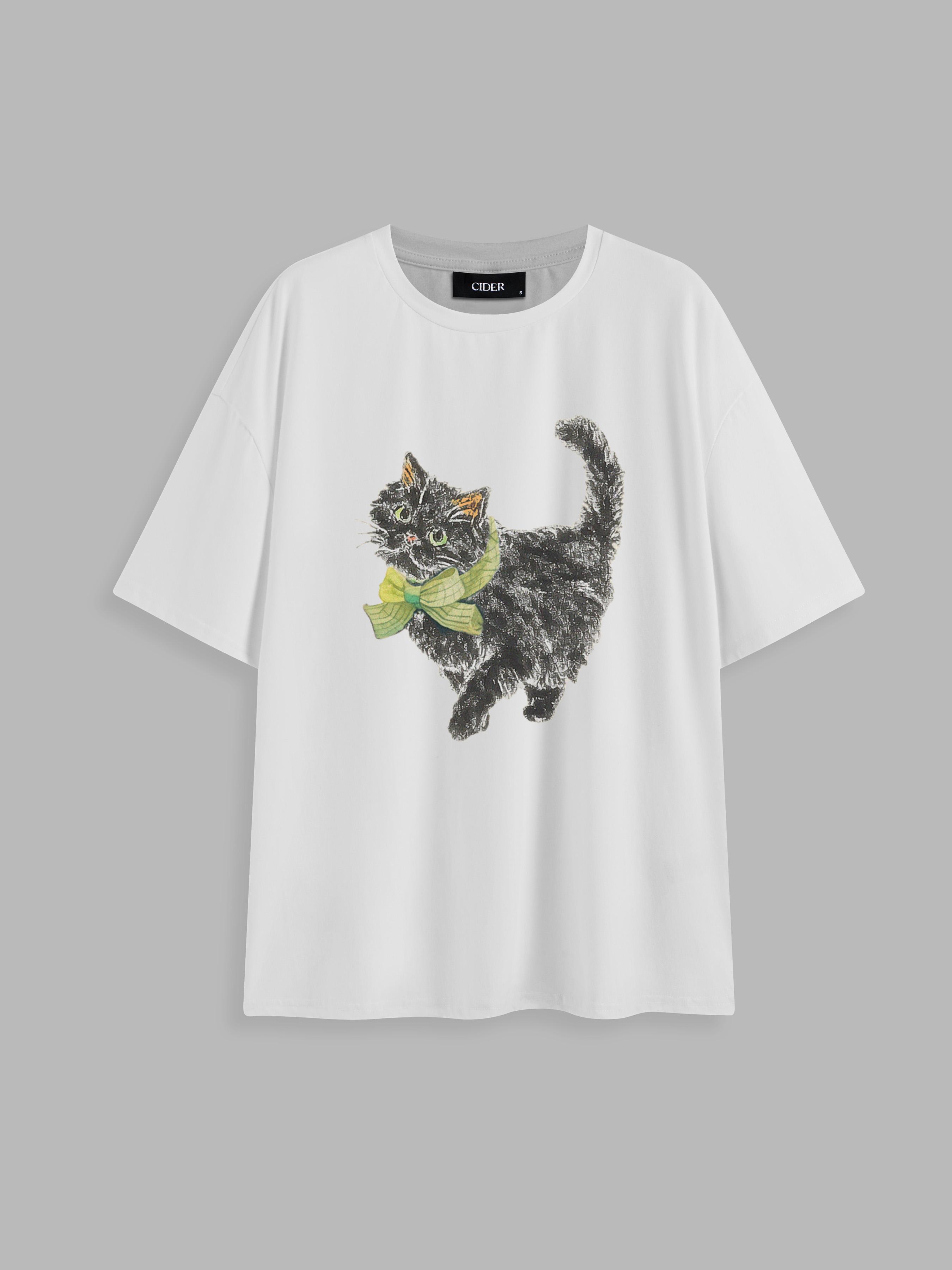 Round Neckline Cat Graphic Short Sleeve Tee by CIDER