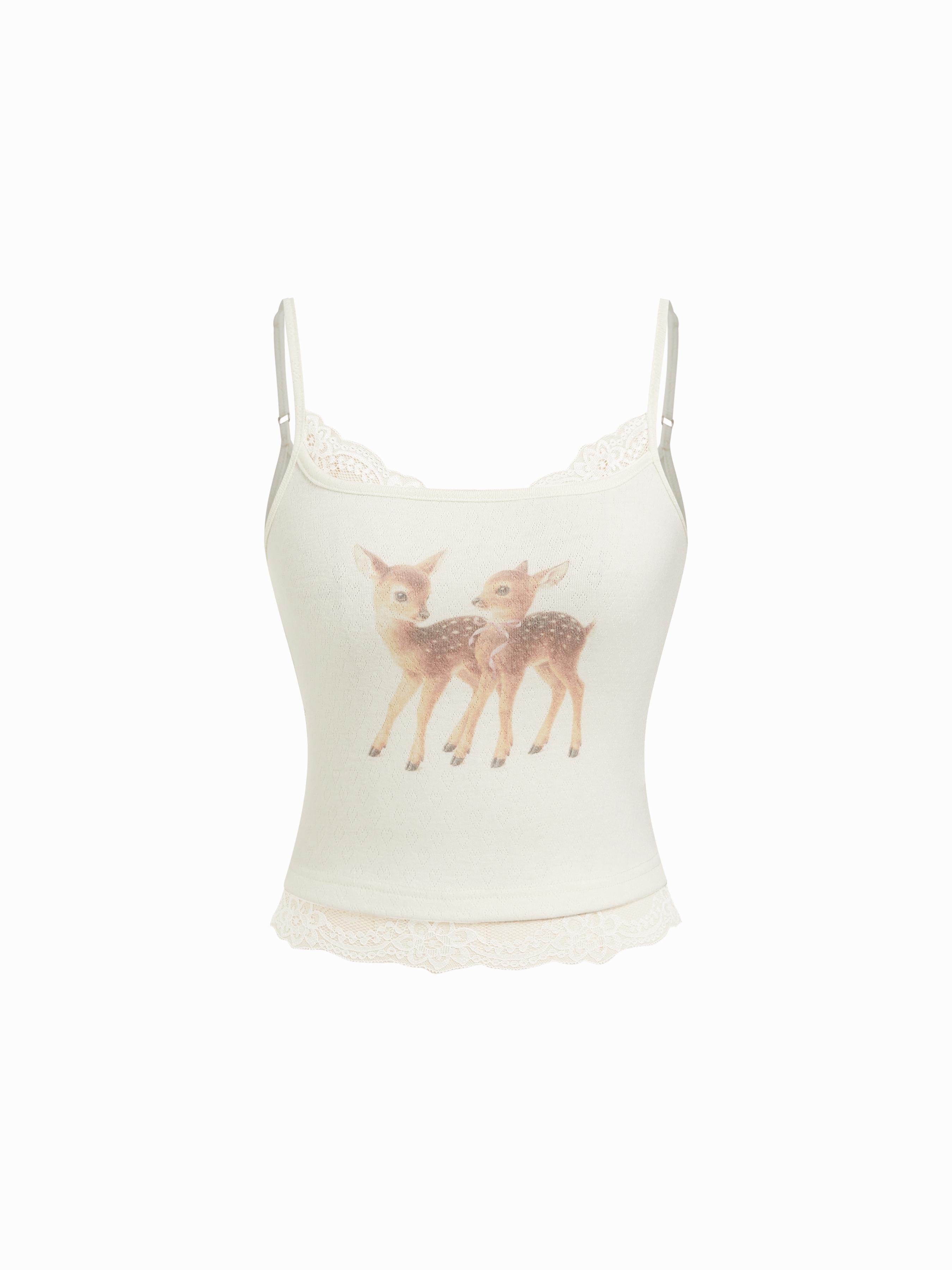 Round Neckline Deer Graphic Lace Trim Cami Top by CIDER