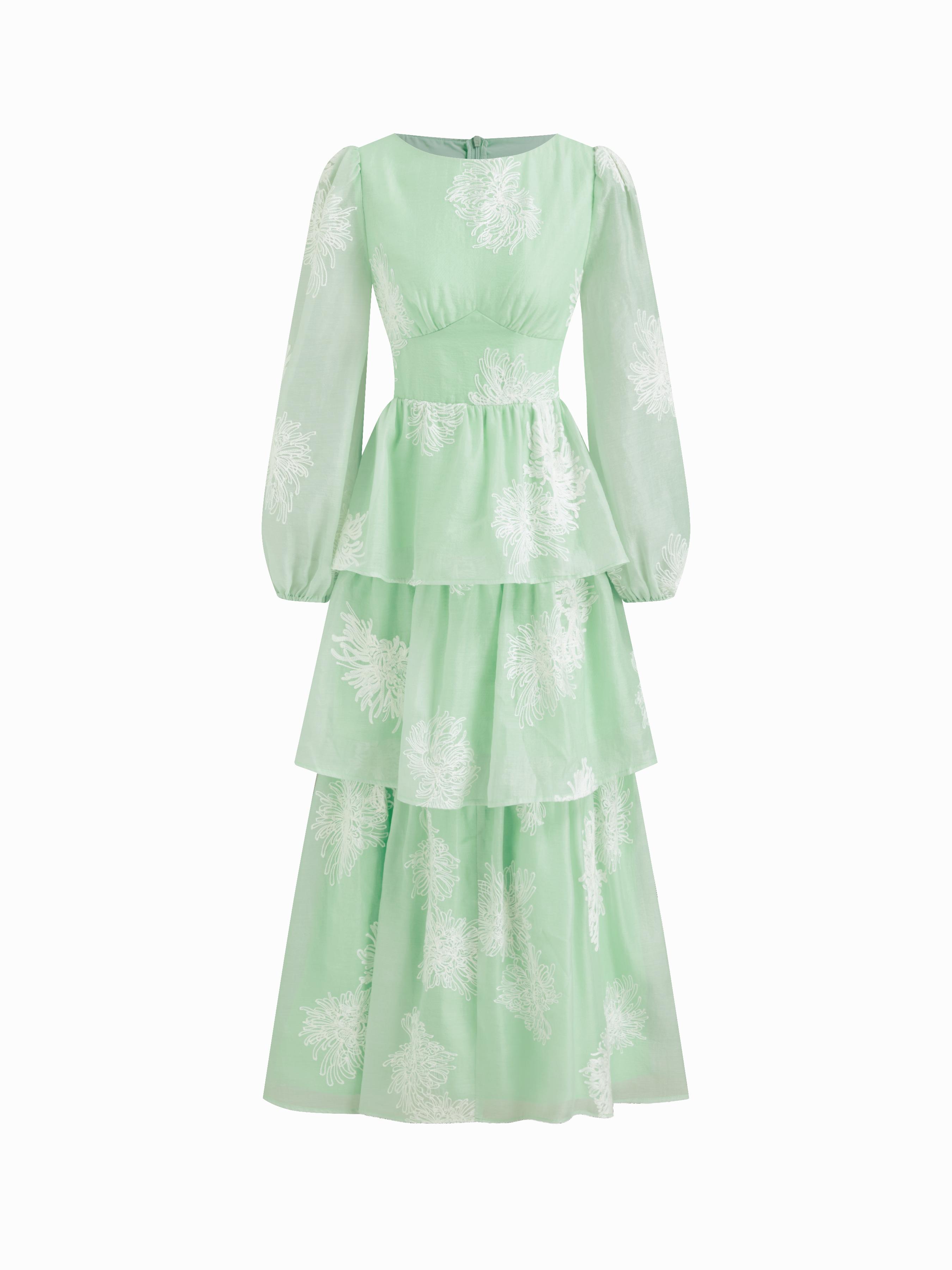 Round Neckline Floral Embroidery Layered Maxi Dress by CIDER