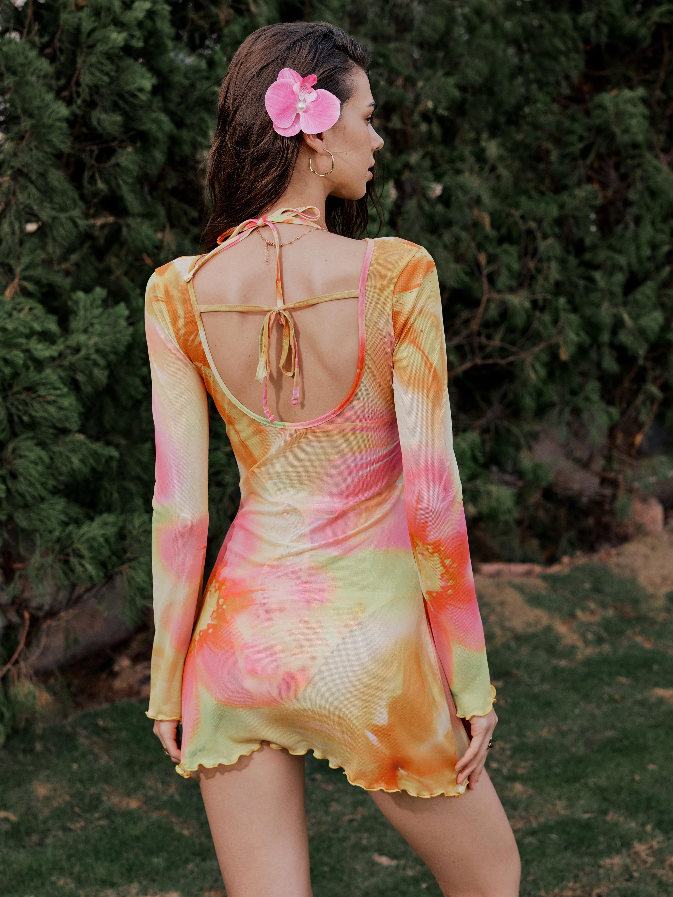 Round Neckline Floral Gradient Knotted Lettuce Trim Cover Up Dress by CIDER