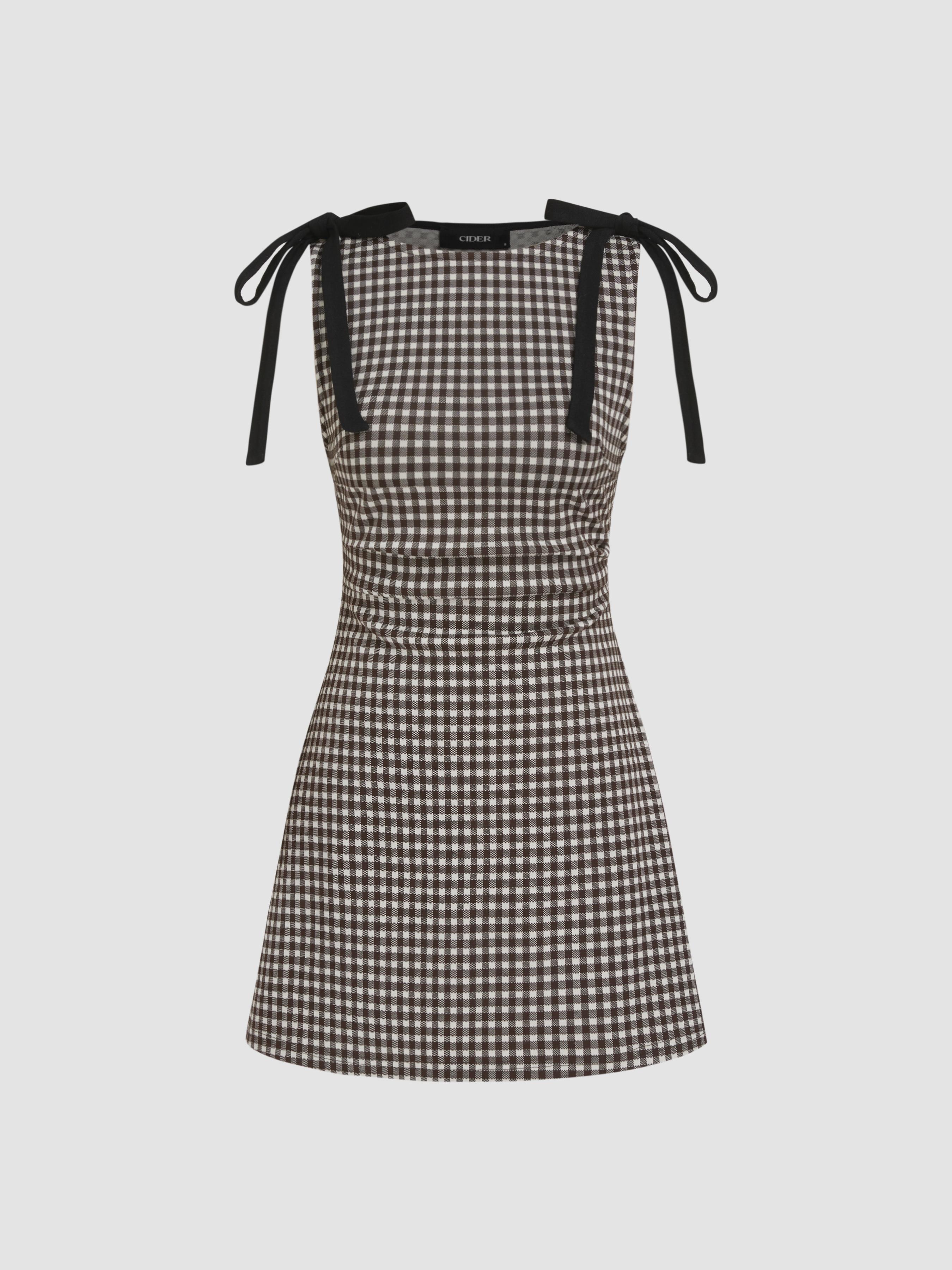 Round Neckline Gingham Bowknot Ruched Mini Dress by CIDER