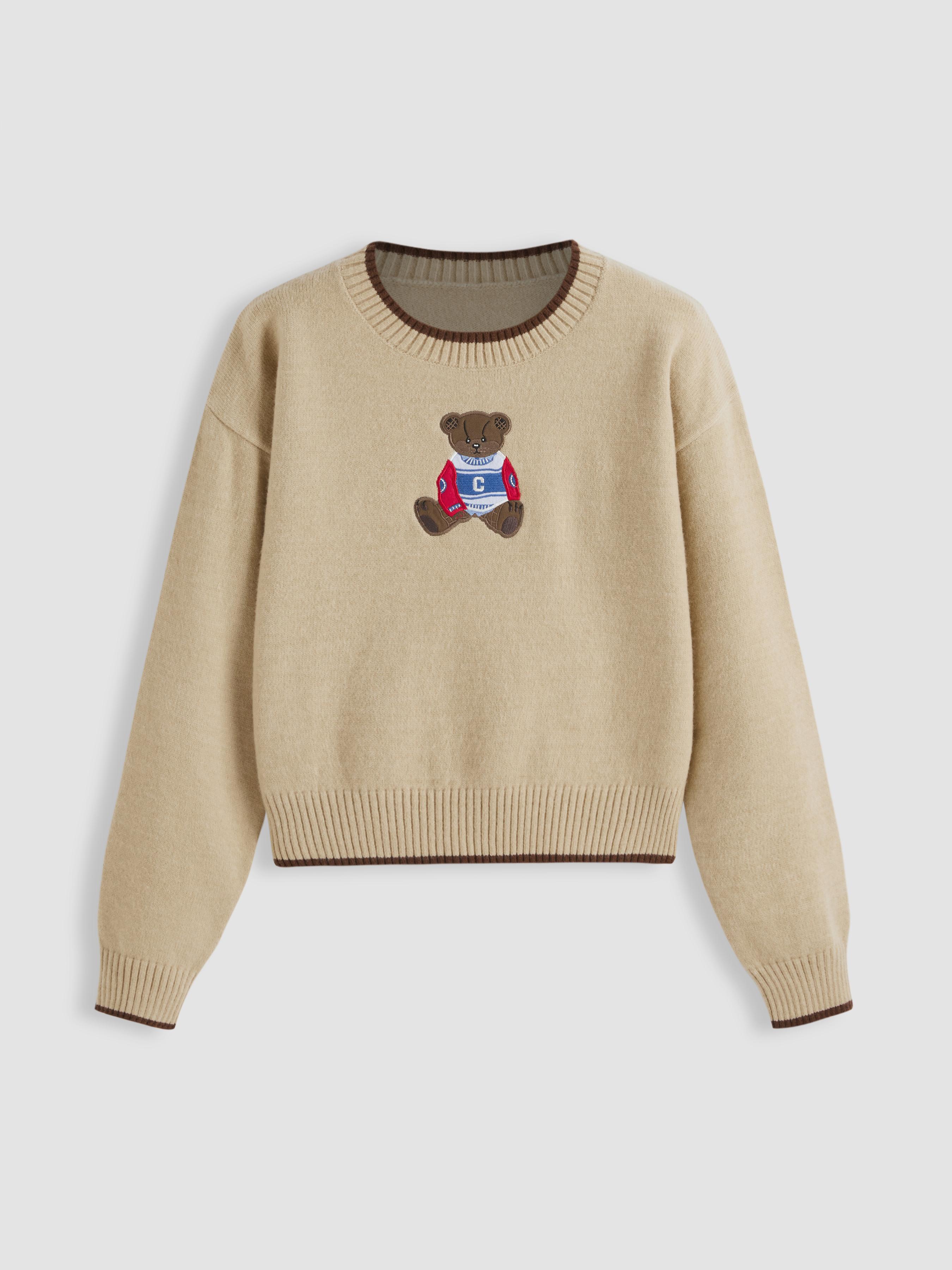 Round Neckline Graphic Bear Long Sleeve Sweater by CIDER