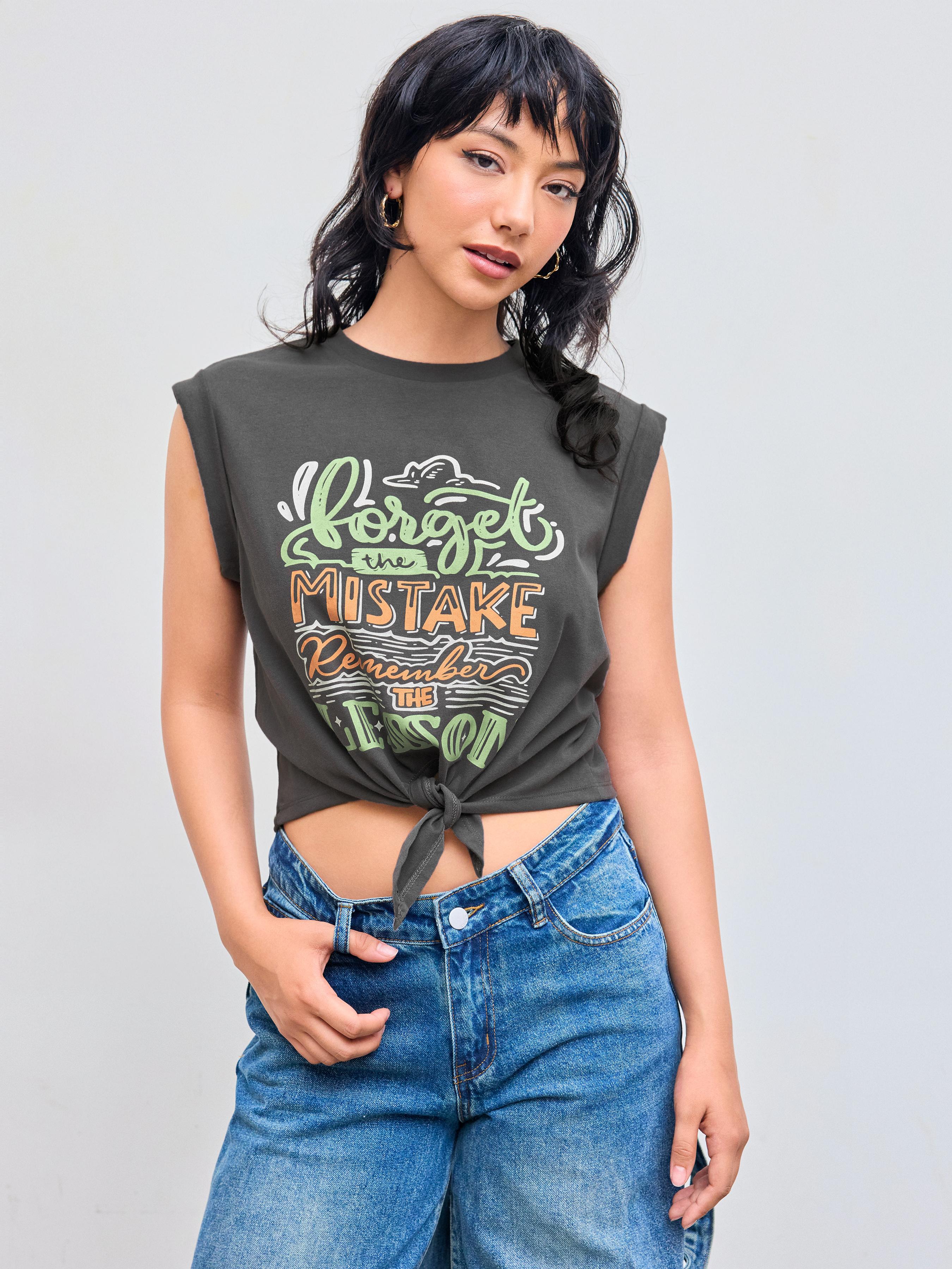 Round Neckline Graphic Knotted Crop Top by CIDER