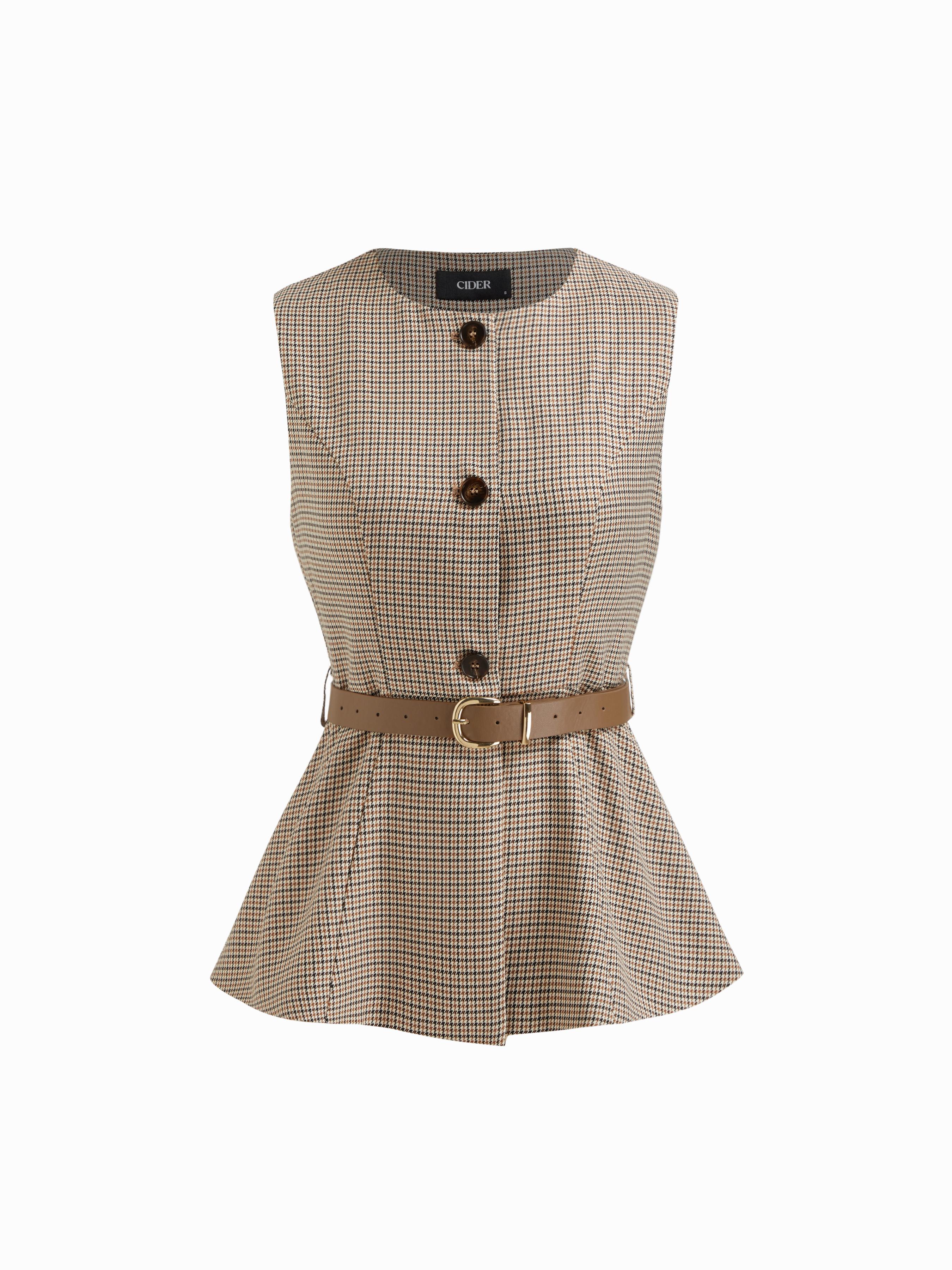 Round Neckline Houndstooth Blazer Vest With Belt by CIDER