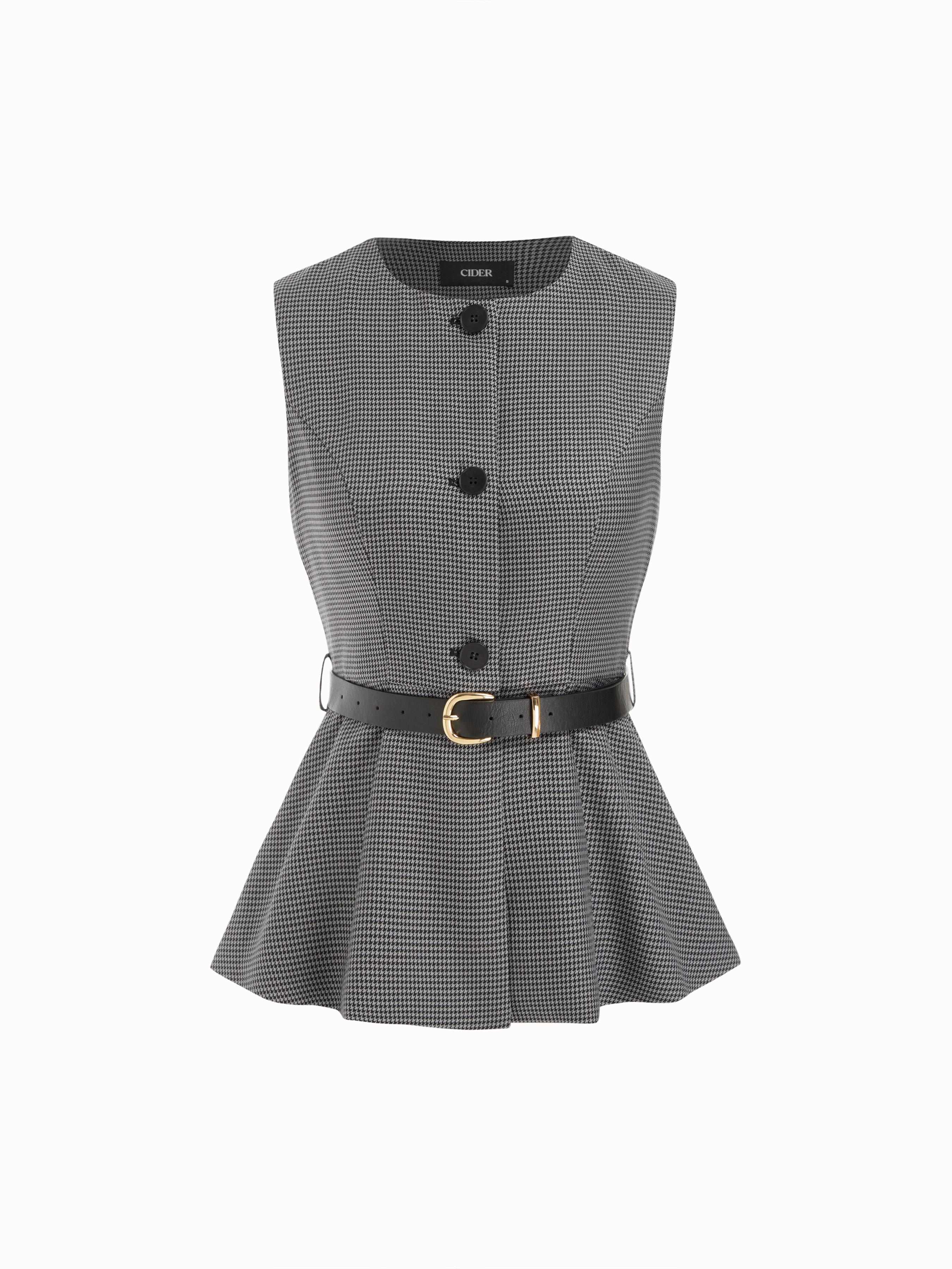 Round Neckline Houndstooth Blazer Vest With Belt by CIDER
