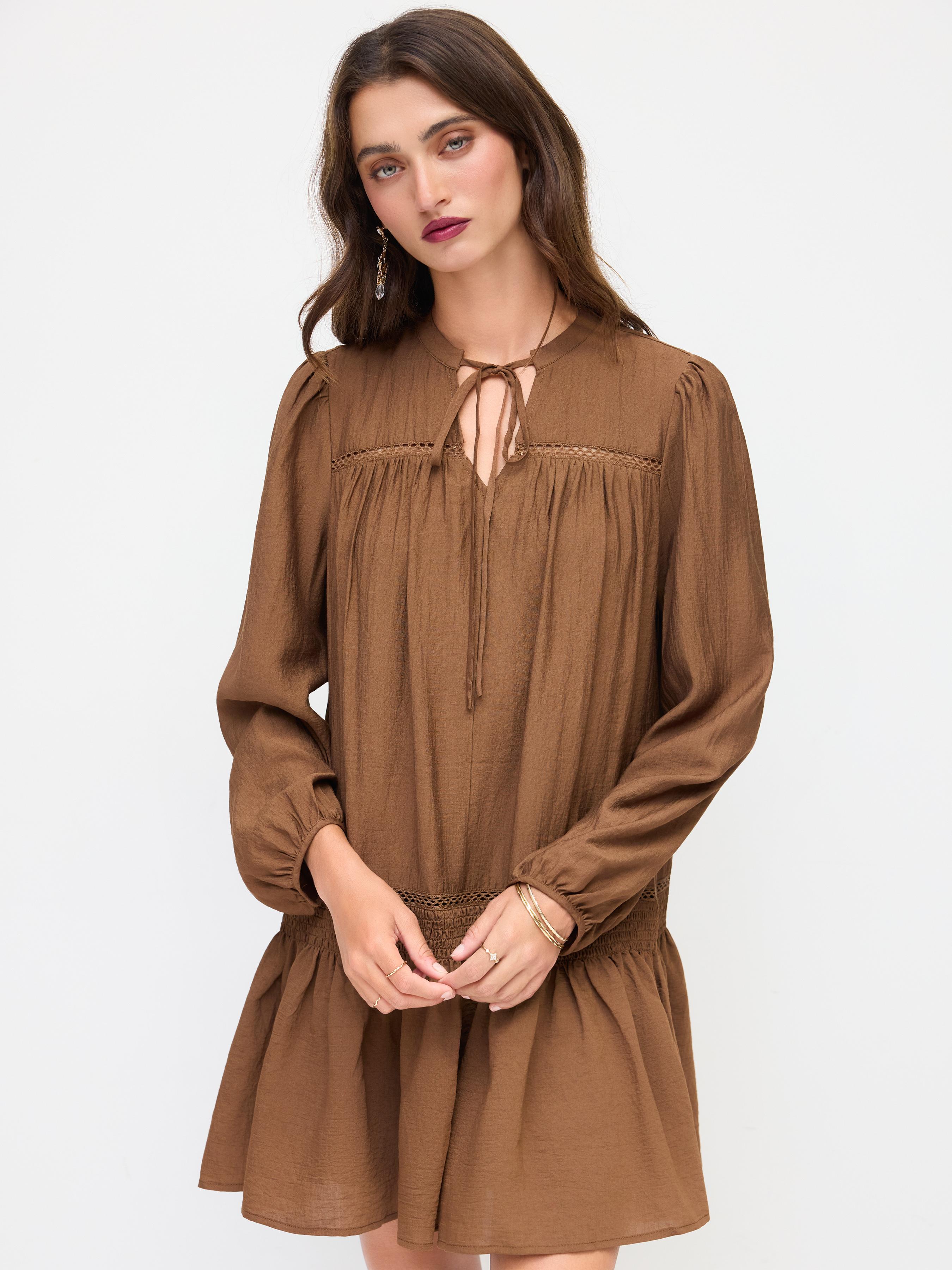 Round Neckline Knotted Shirred Lantern Sleeve Mini Dress by CIDER