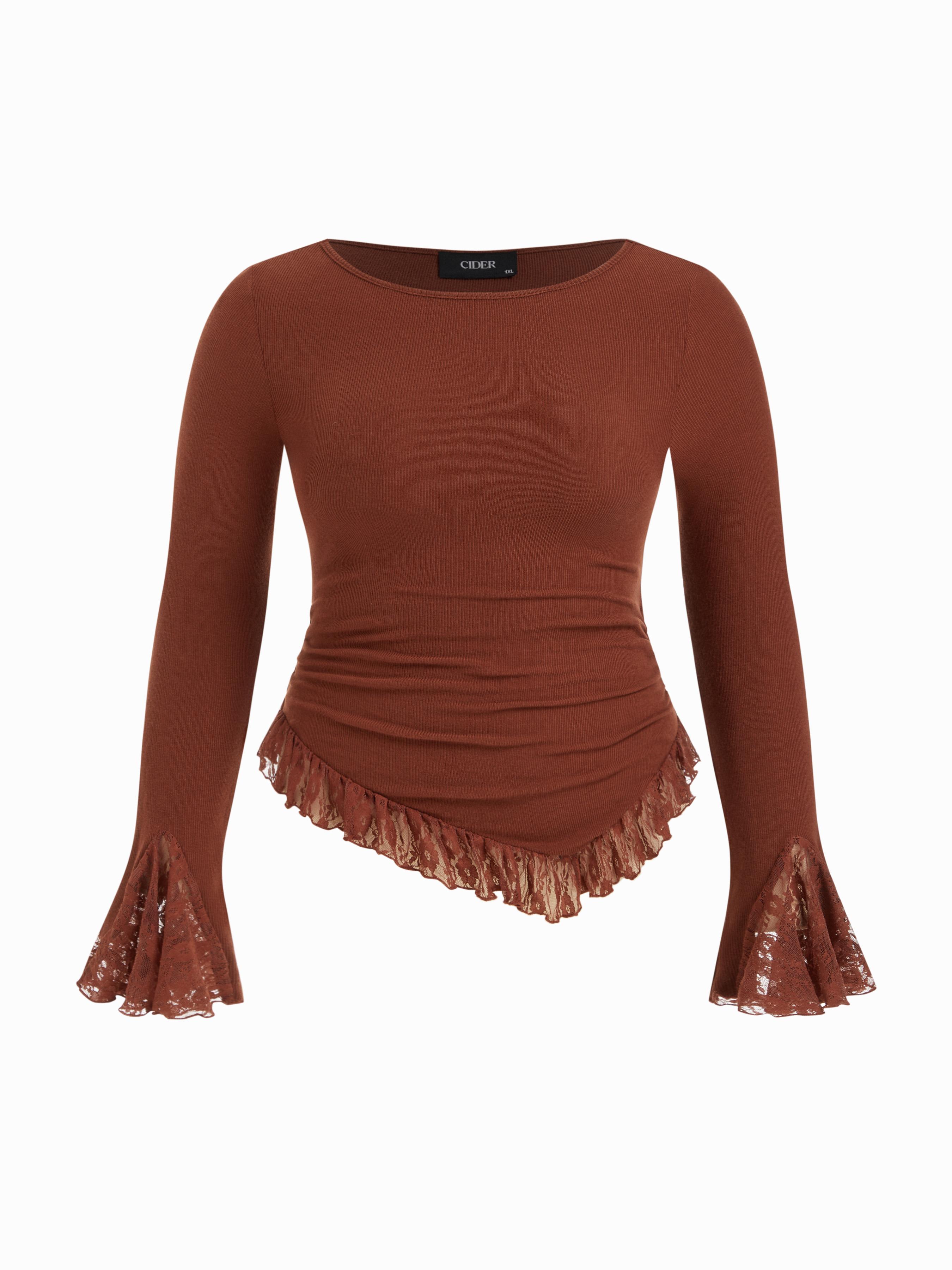 Round Neckline Lace Trim Ruched Long Sleeve Top Curve & Plus by CIDER