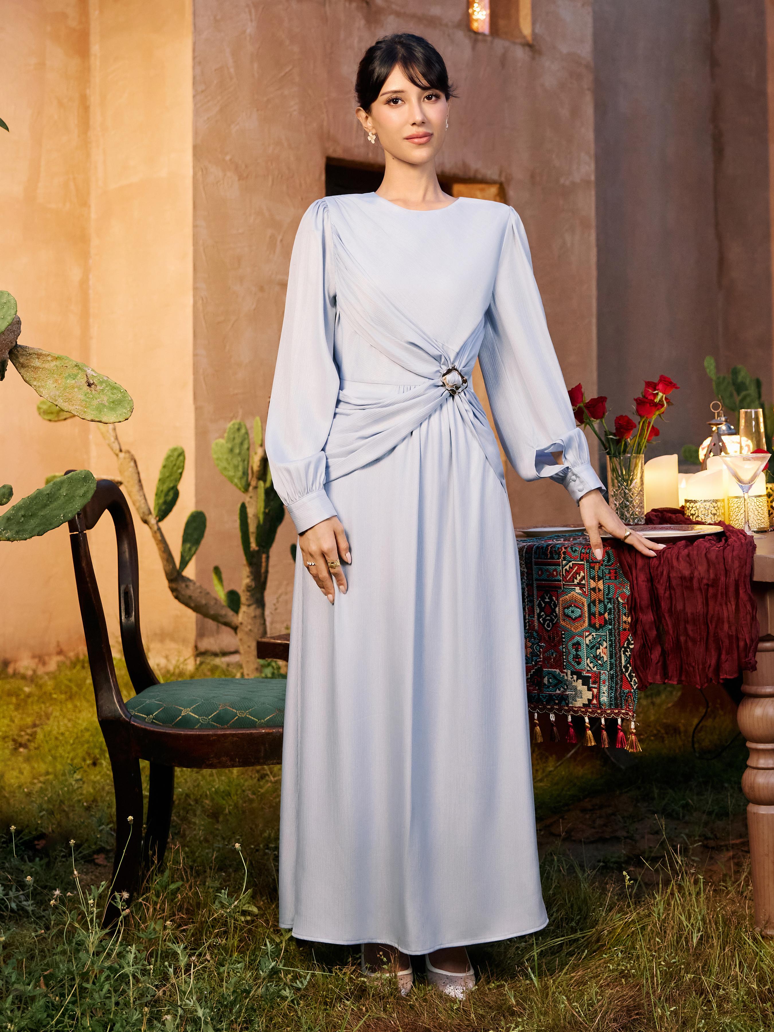 Round Neckline Lantern Long Sleeve Metal Button Ruched Maxi Dress by CIDER