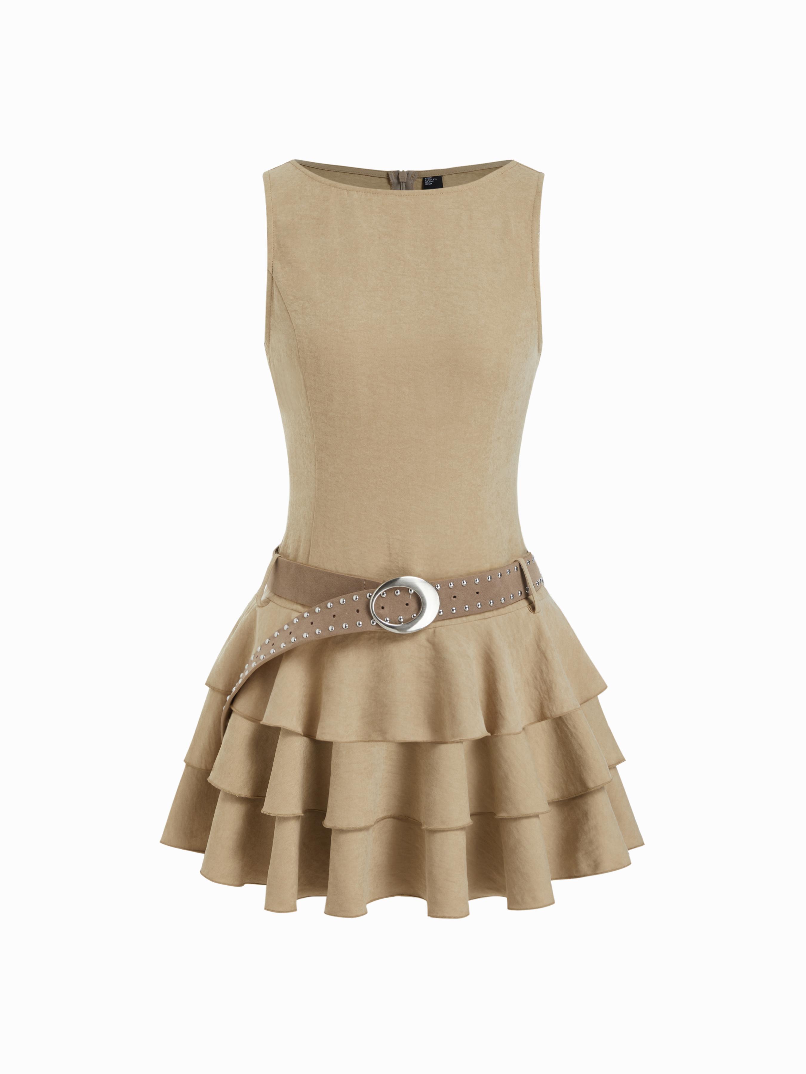 Round Neckline Layered Hem Mini Dress With Studded Belt by CIDER