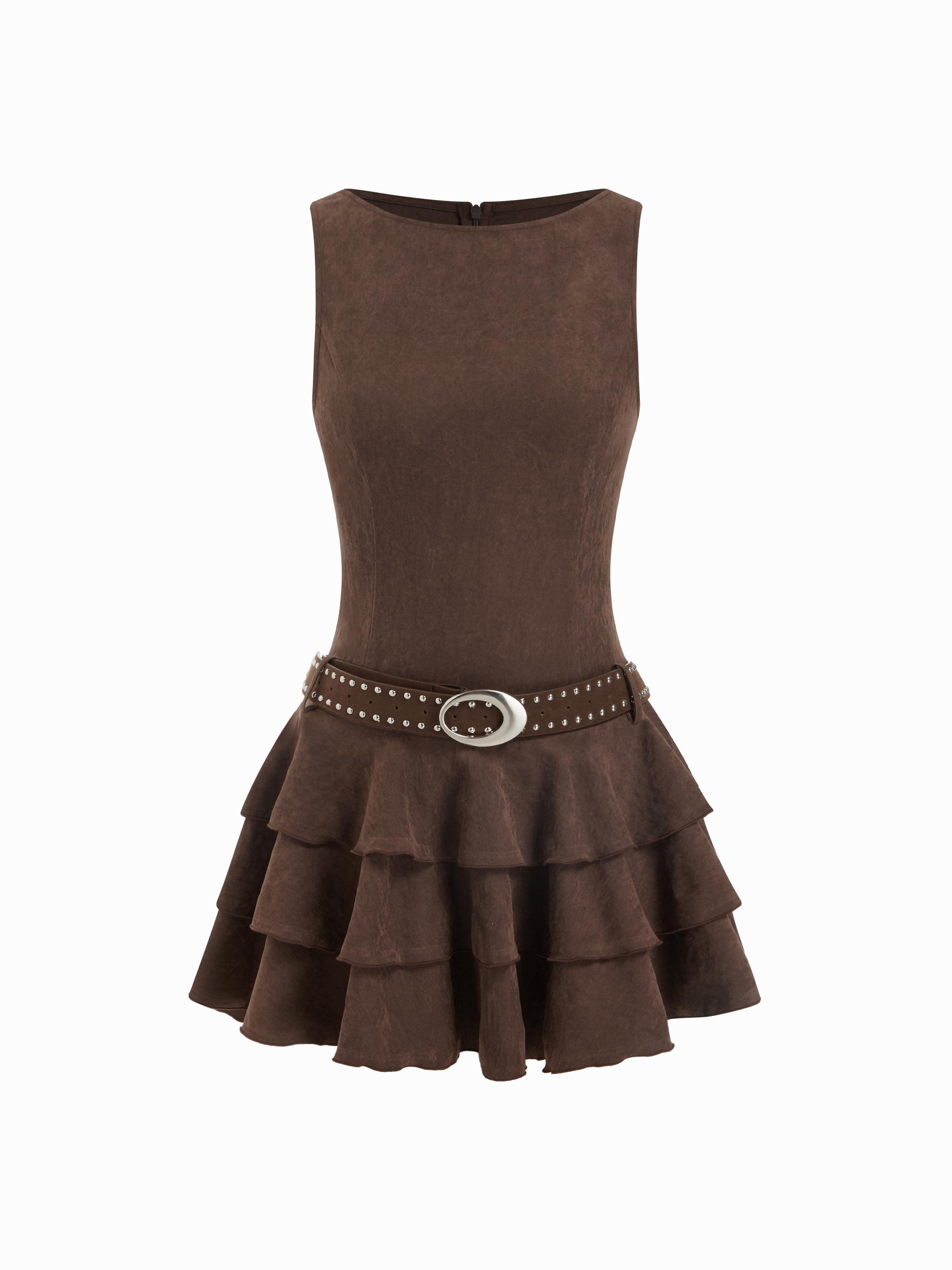 Round Neckline Layered Hem Mini Dress With Studded Belt by CIDER
