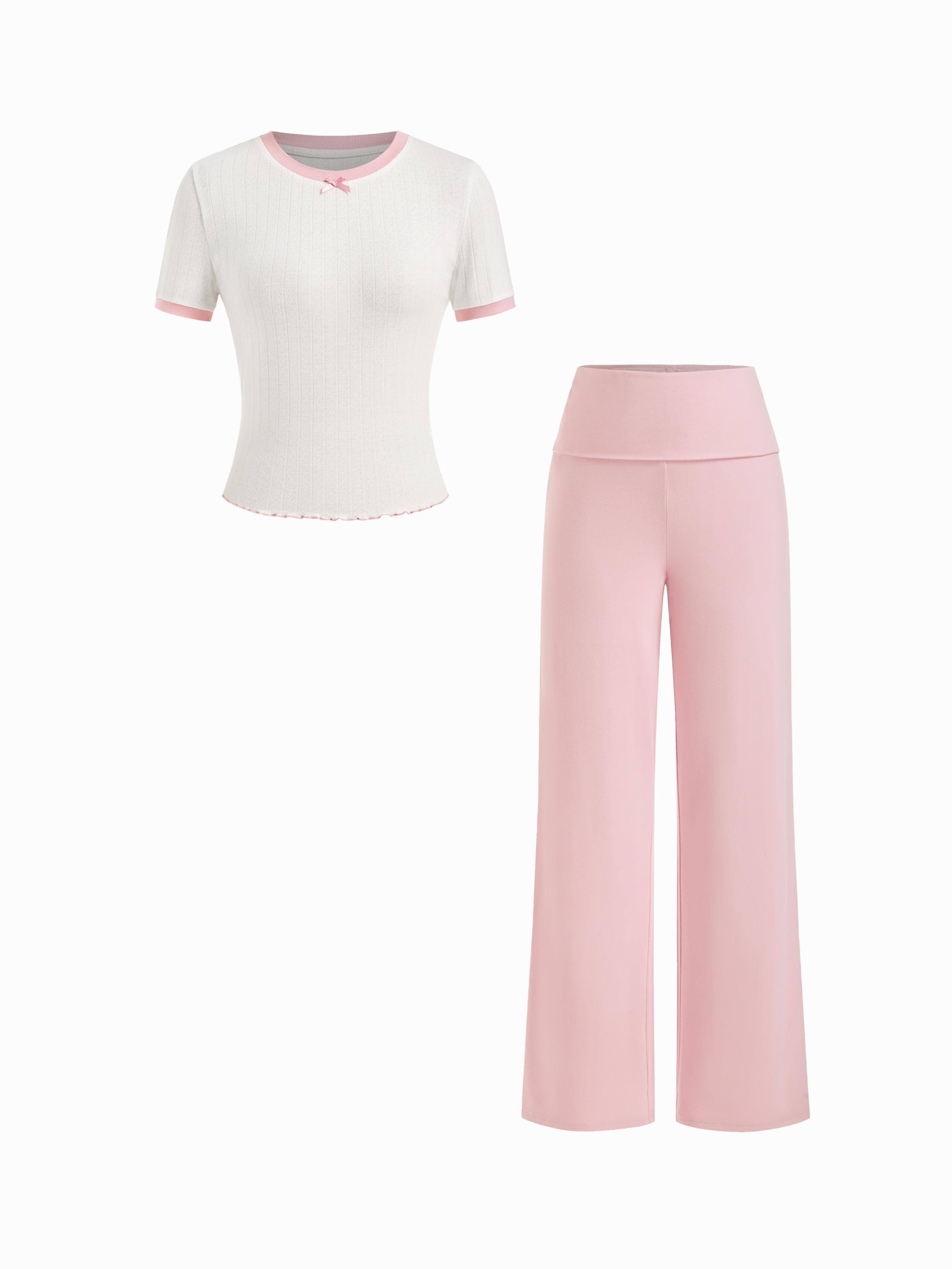 Round Neckline Lettuce Trim Bowknot Top & High Rise Straight Leg Trousers Loungewear Set by CIDER