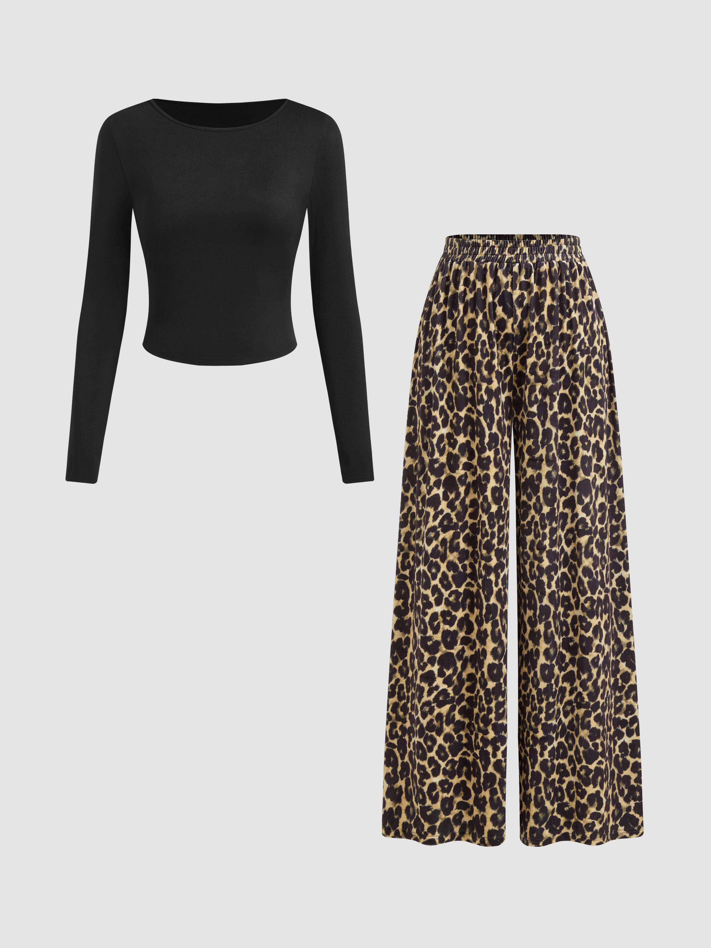 Round Neckline Long Sleeve Top & Mid Rise Leopard Elastic Waist Wide Leg Trousers Set by CIDER