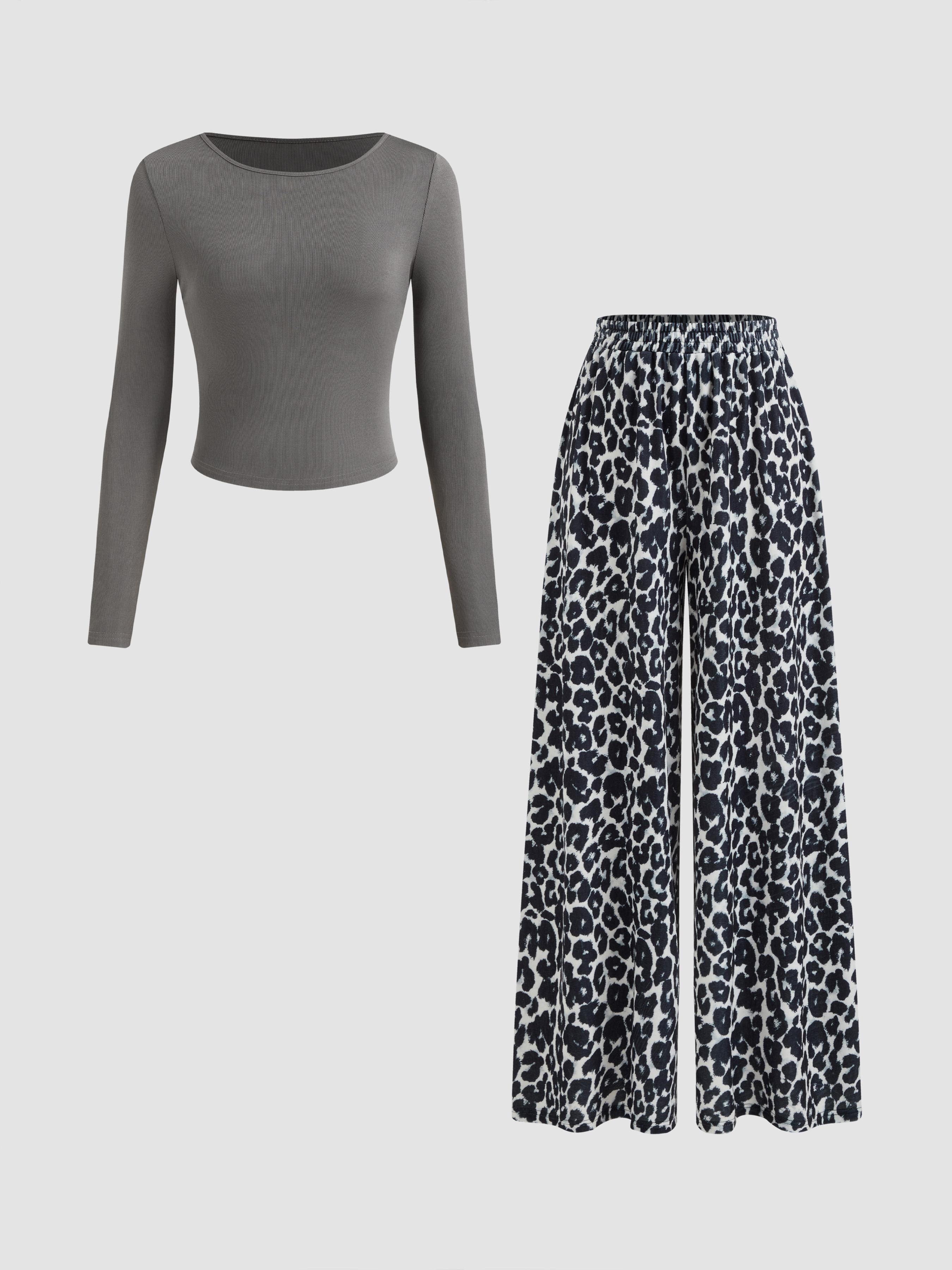 Round Neckline Long Sleeve Top & Mid Rise Leopard Elastic Waist Wide Leg Trousers Set by CIDER