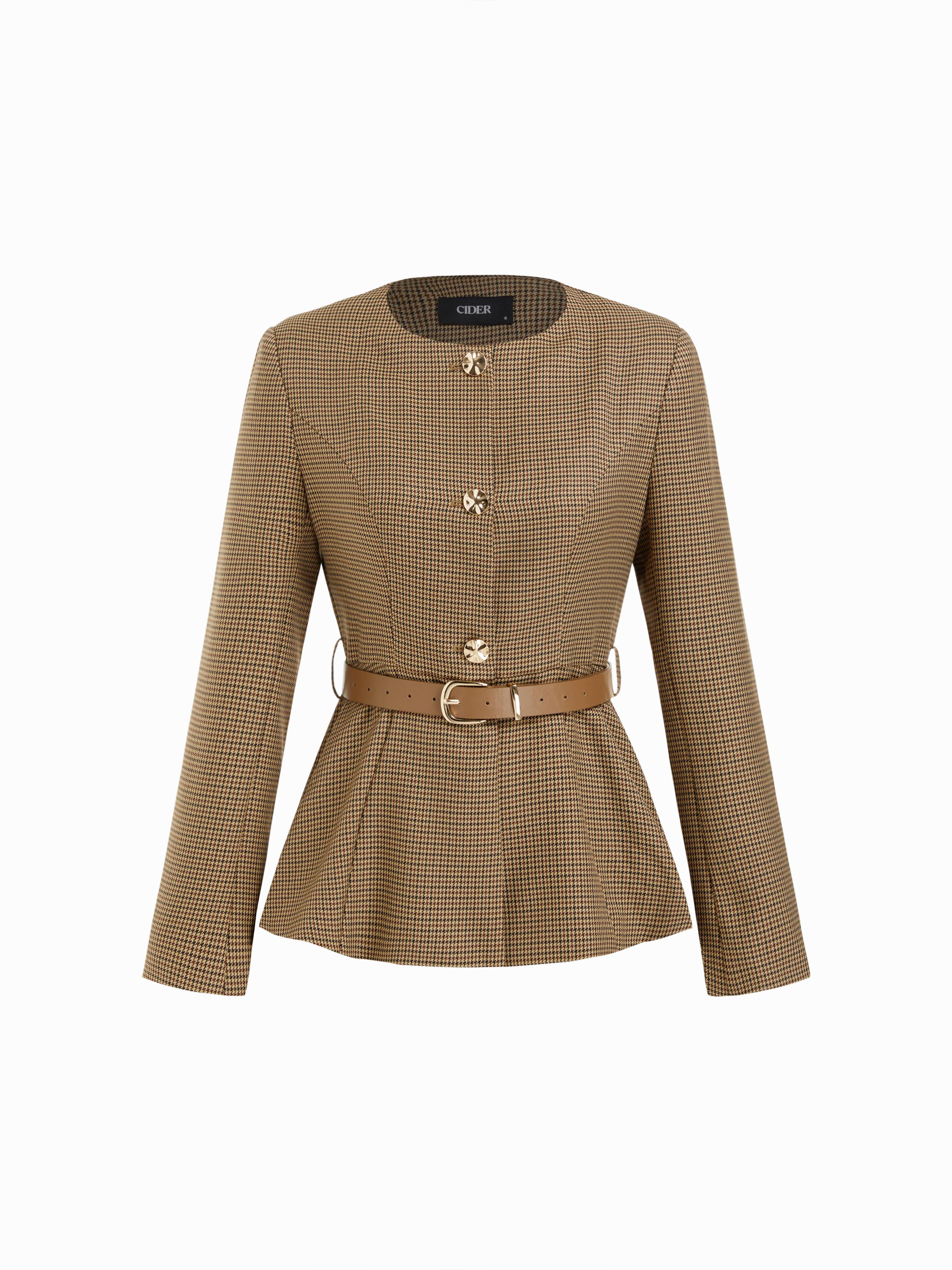 Round Neckline Metal Button Pleated Blazer With Belt by CIDER
