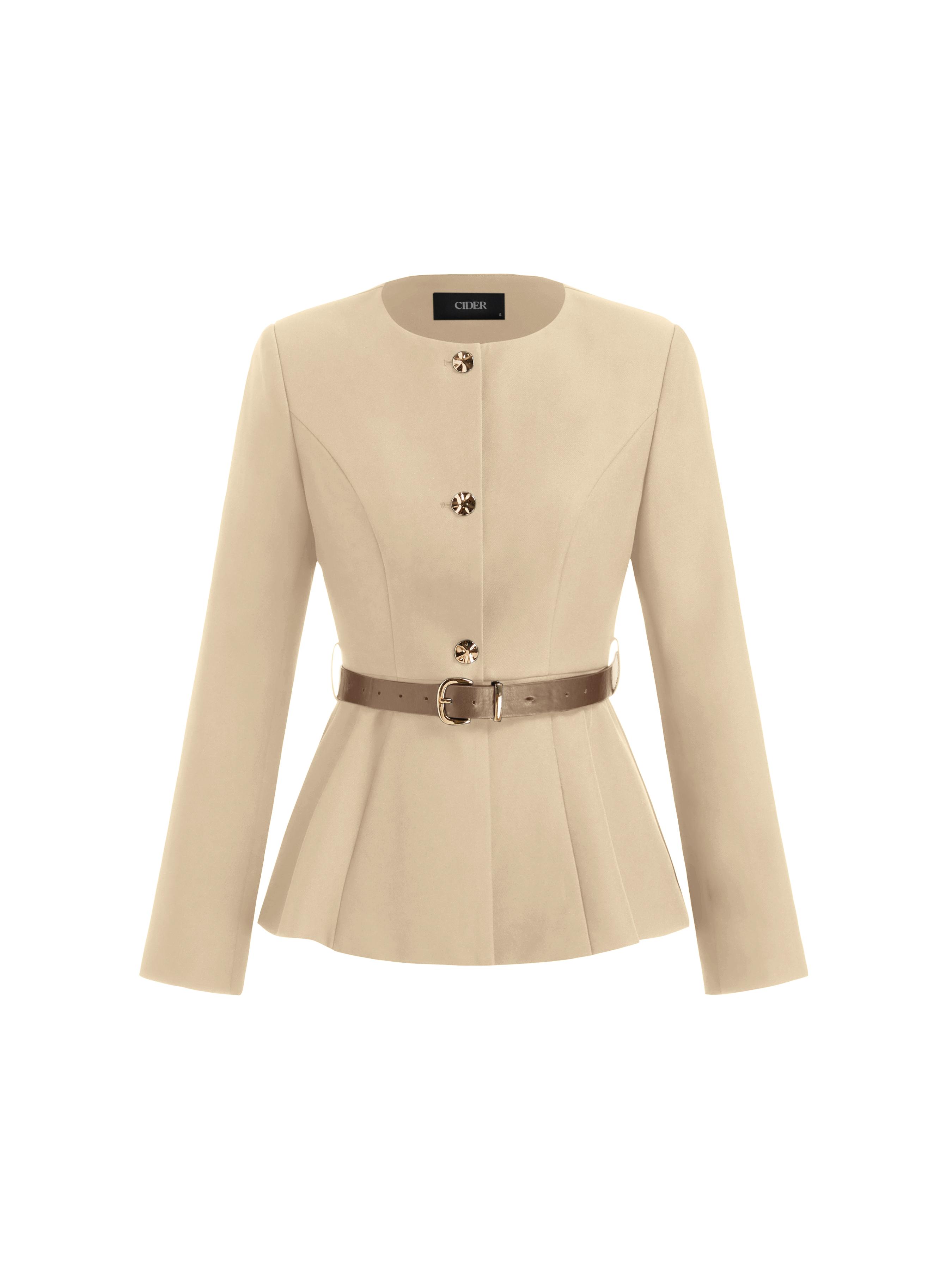 Round Neckline Metal Button Pleated Blazer With Belt by CIDER