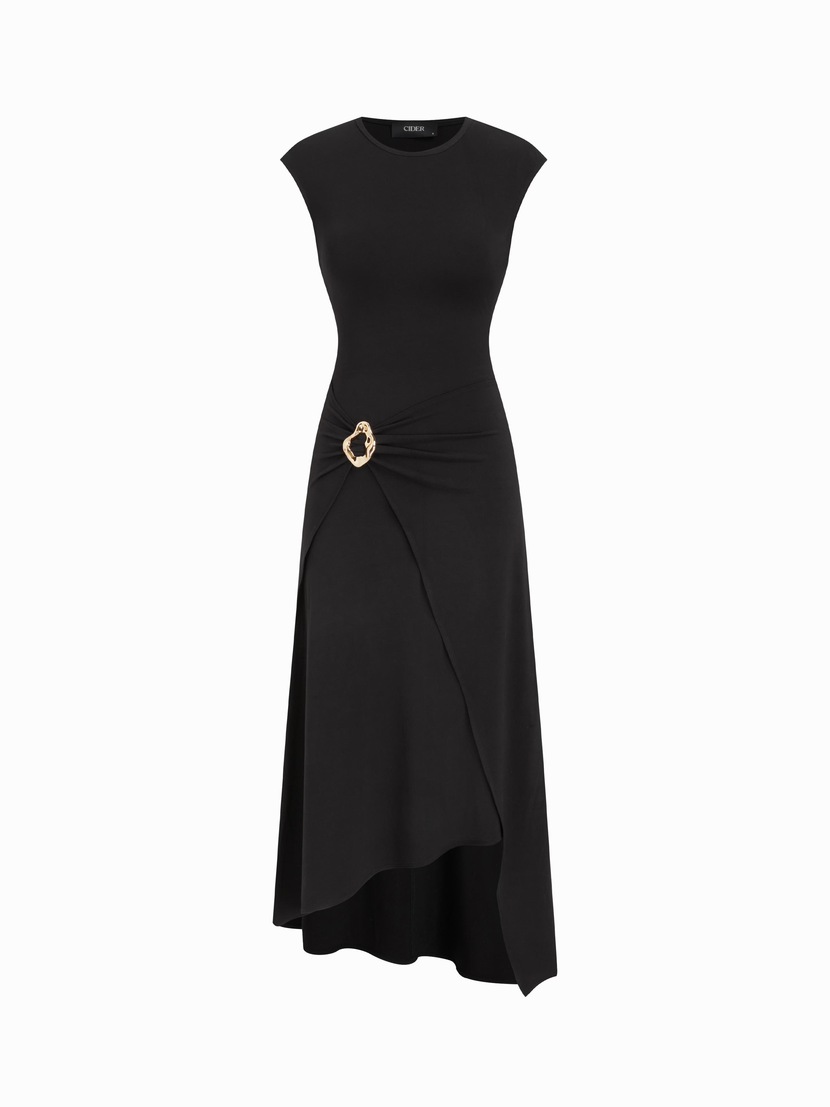 Round Neckline Metal Detail Ruched Asymmetrical Hem Maxi Dress by CIDER
