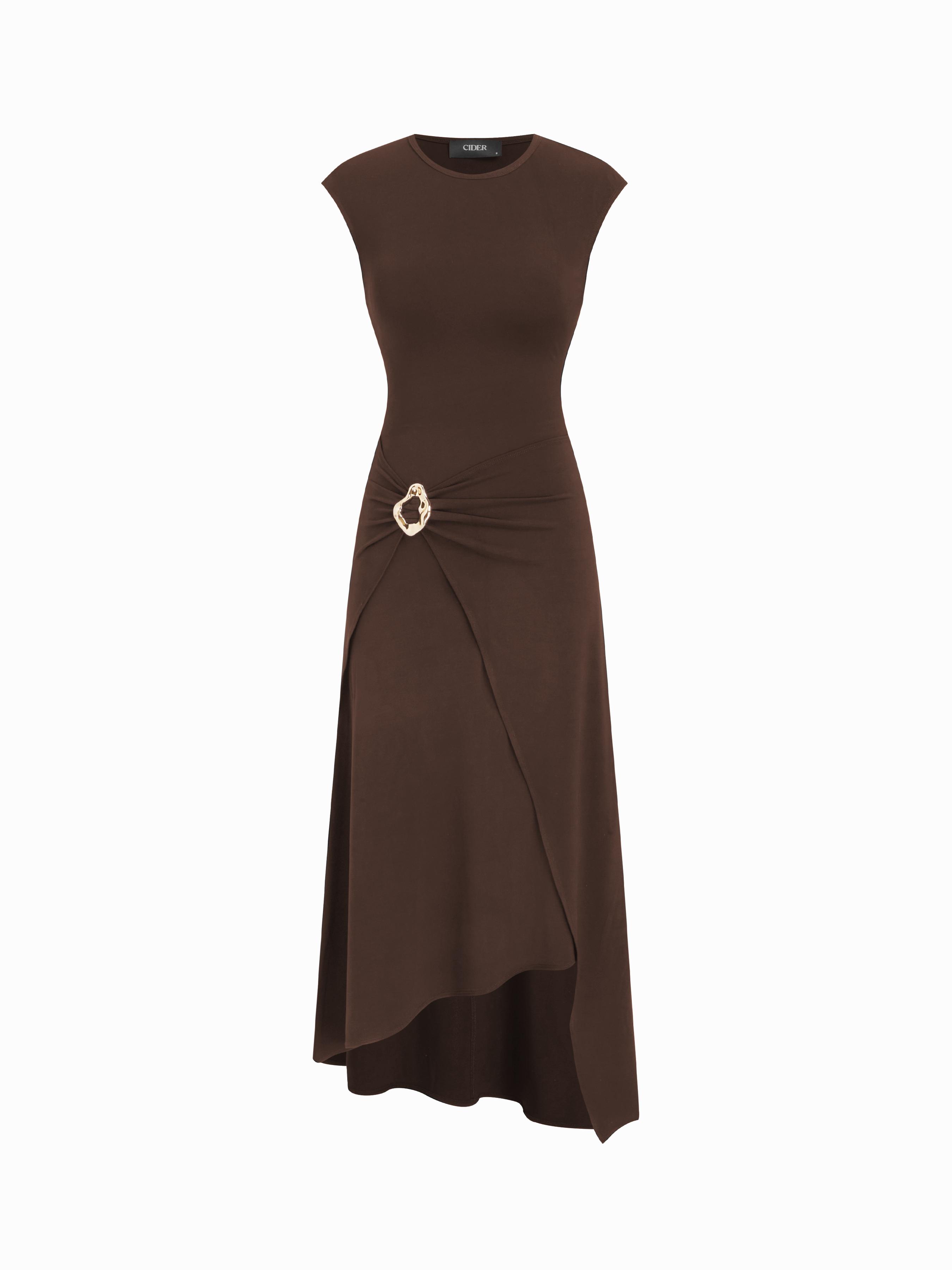 Round Neckline Metal Detail Ruched Asymmetrical Hem Maxi Dress by CIDER