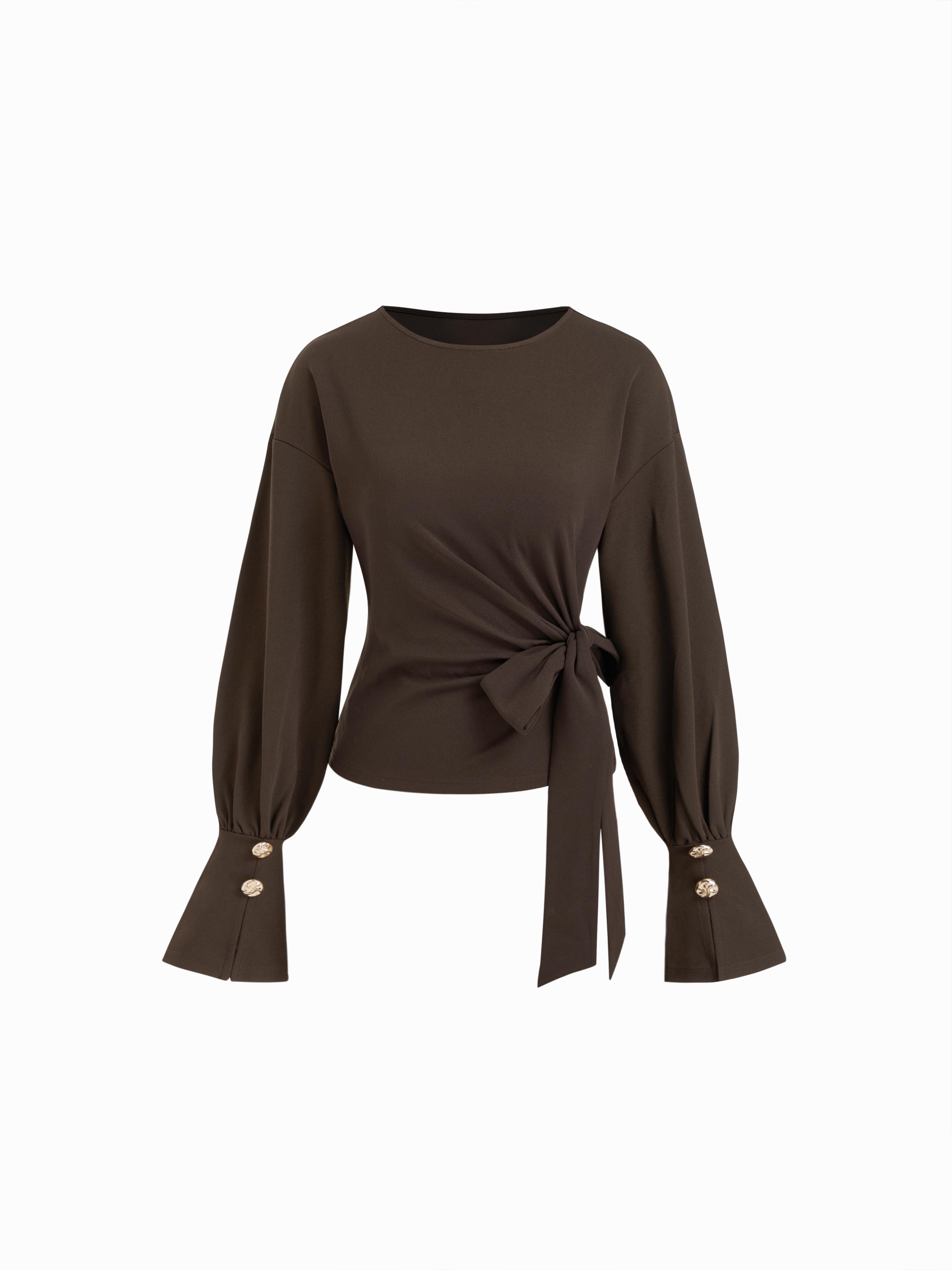 Round Neckline Metal Detail Ruched Lantern Sleeve Top by CIDER