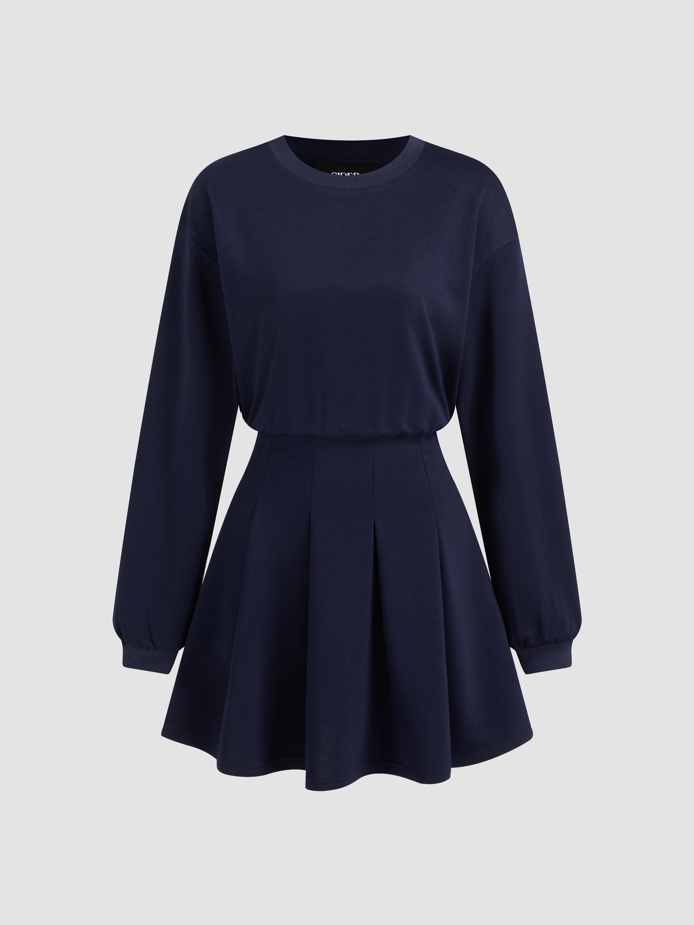 Round Neckline Pleated Long Sleeve Mini Dress by CIDER