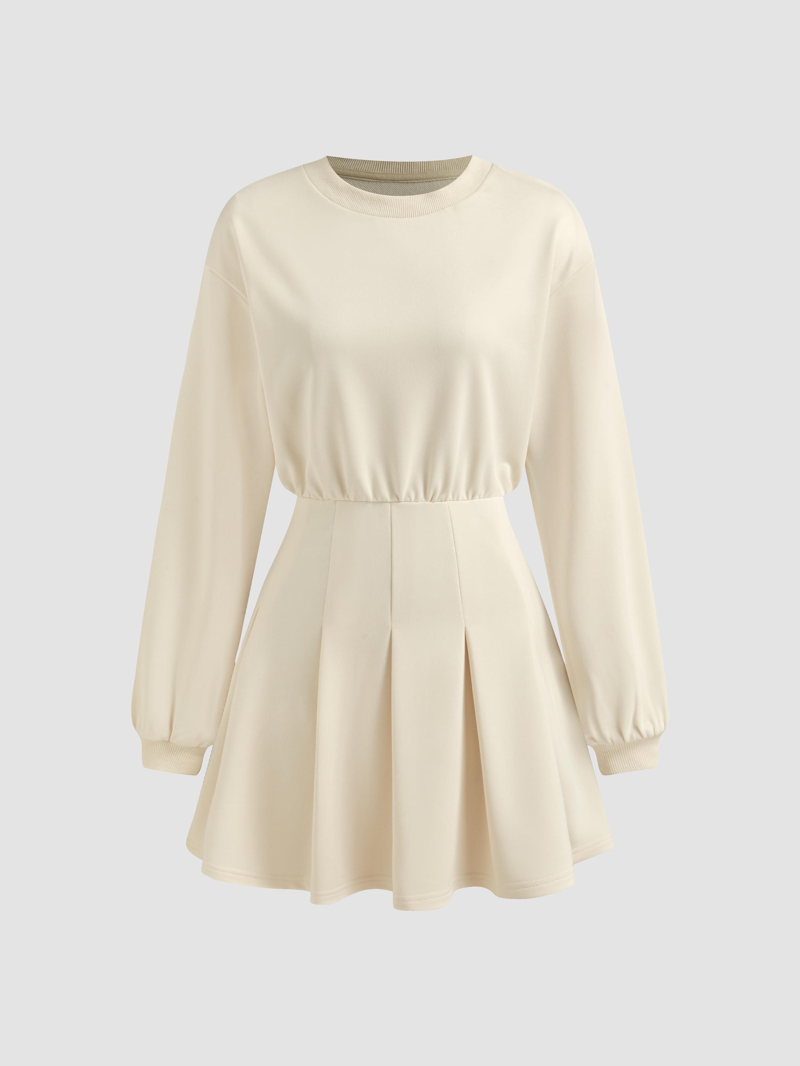 Round Neckline Pleated Long Sleeve Mini Dress by CIDER