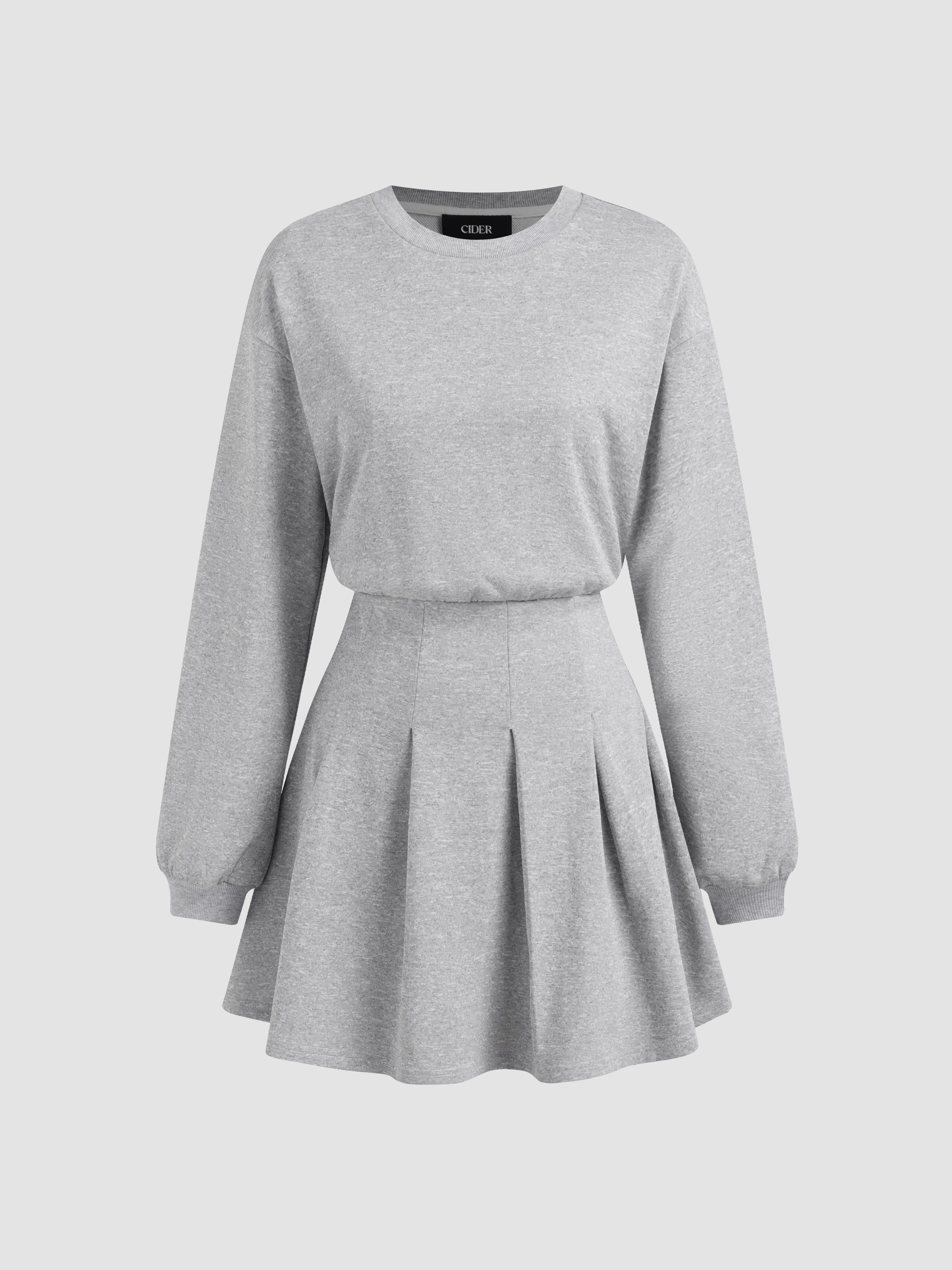 Round Neckline Pleated Long Sleeve Mini Dress by CIDER