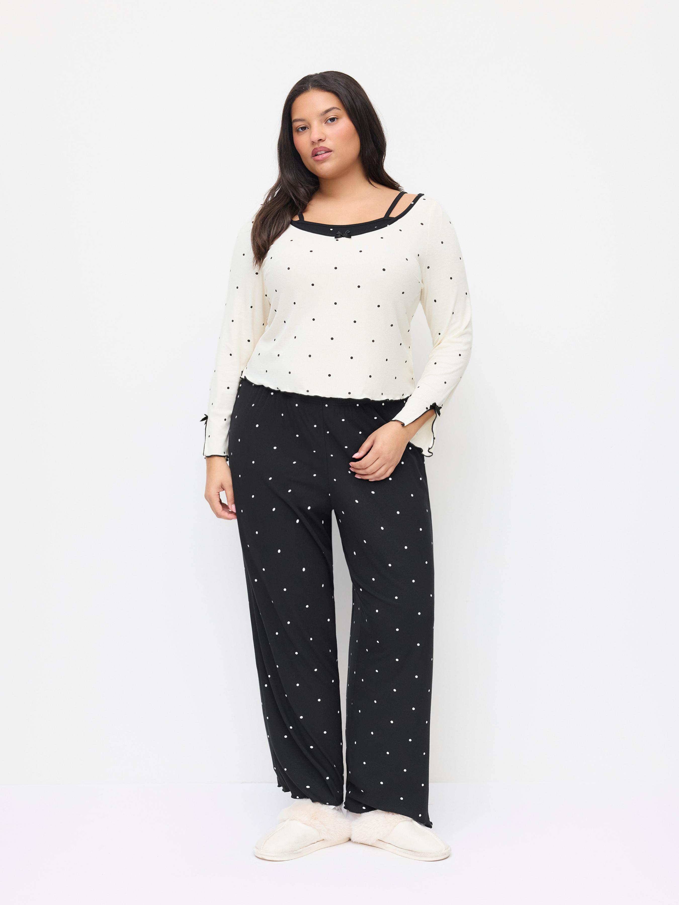 Round Neckline Polka Dot Bowknot Top & Mid Rise Lettuce Trim Straight Leg Trousers Loungewear Set Curve & Plus by CIDER