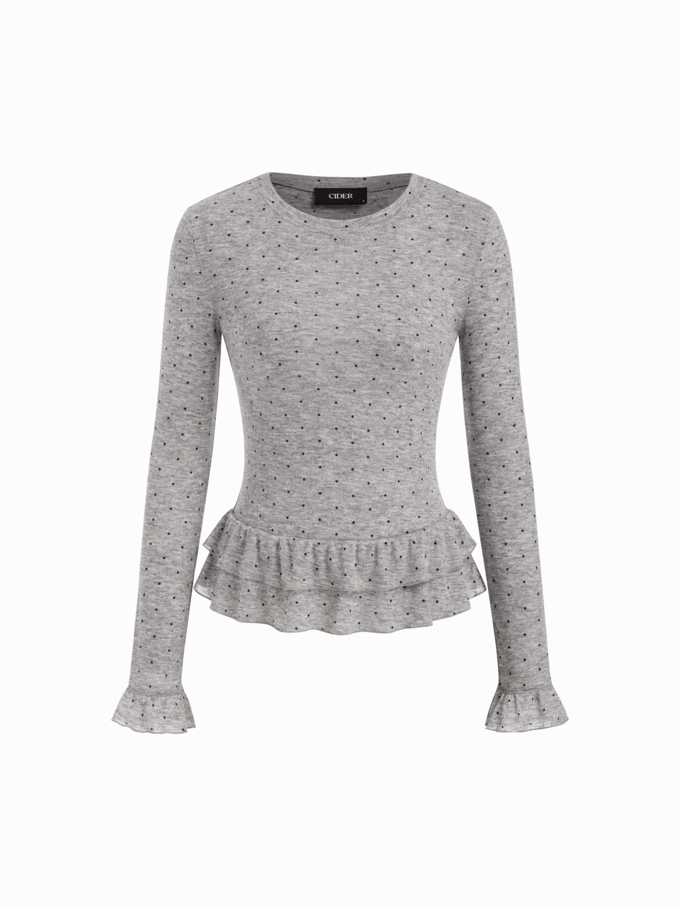 Round Neckline Polka Dot Ruffle Hem Top by CIDER