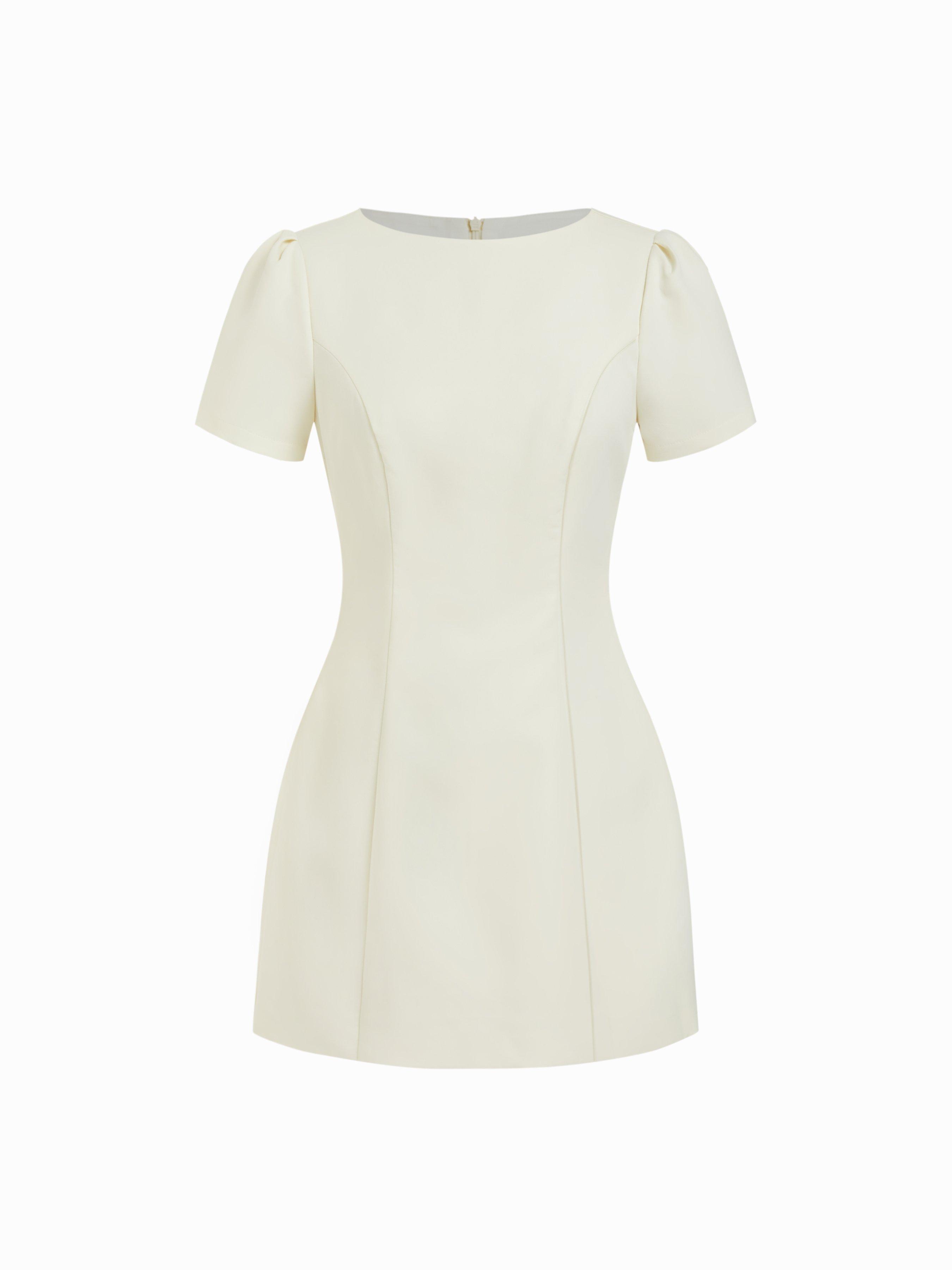 Round Neckline Puff Sleeve Mini Straight Dress by CIDER