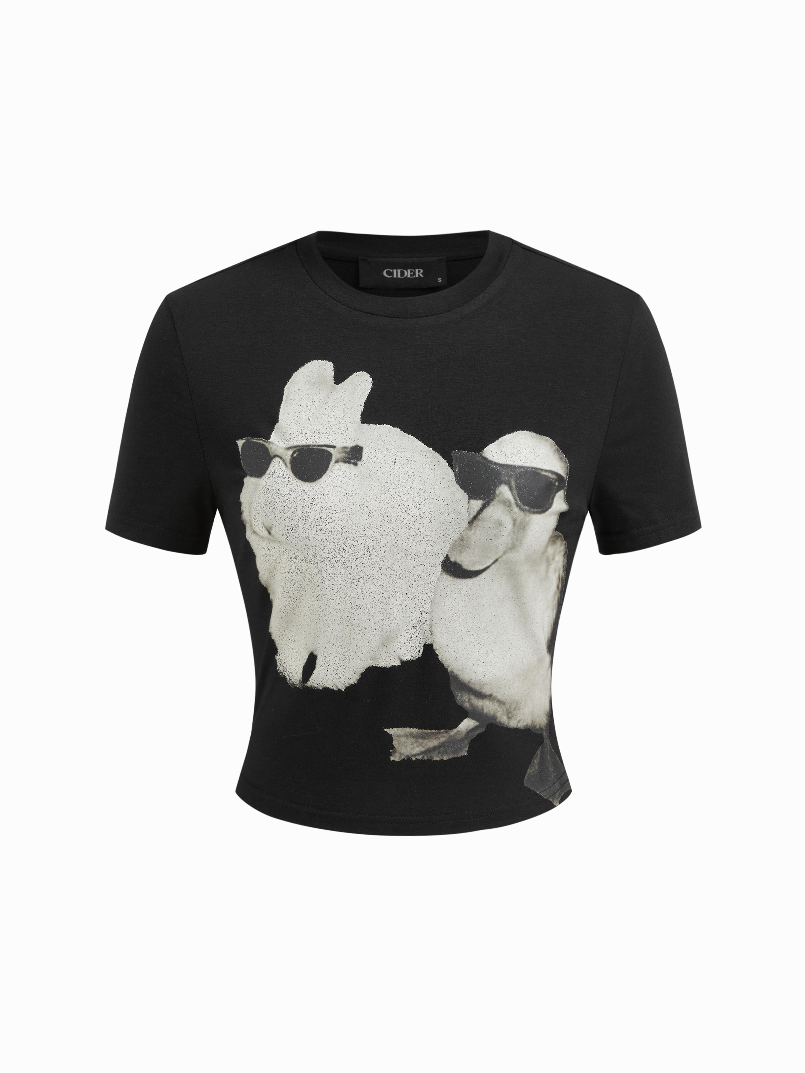 Round Neckline Rabbit & Duck Graphic Crop Tee by CIDER
