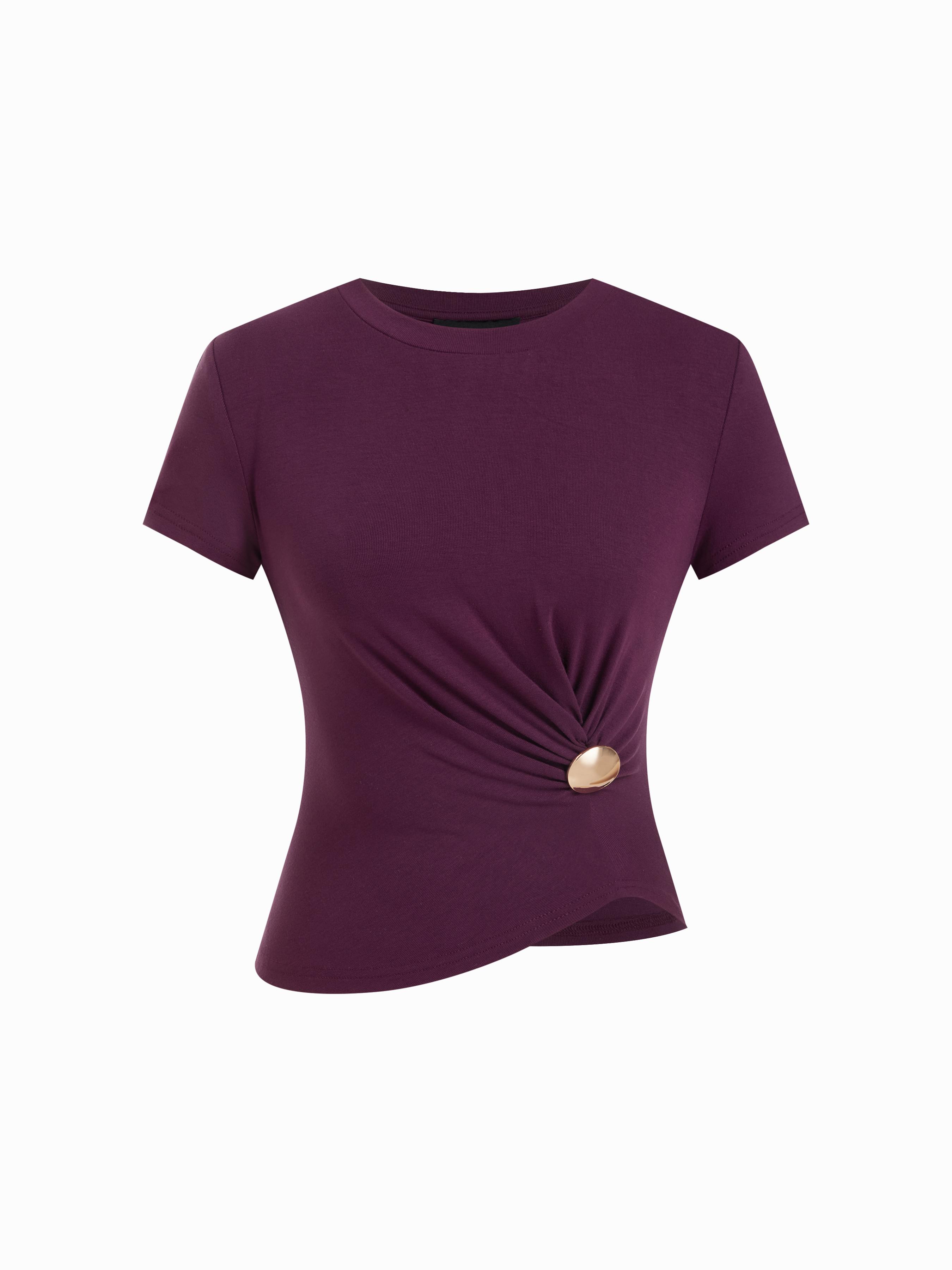 Round Neckline Ruched Button Short Sleeve Tee by CIDER