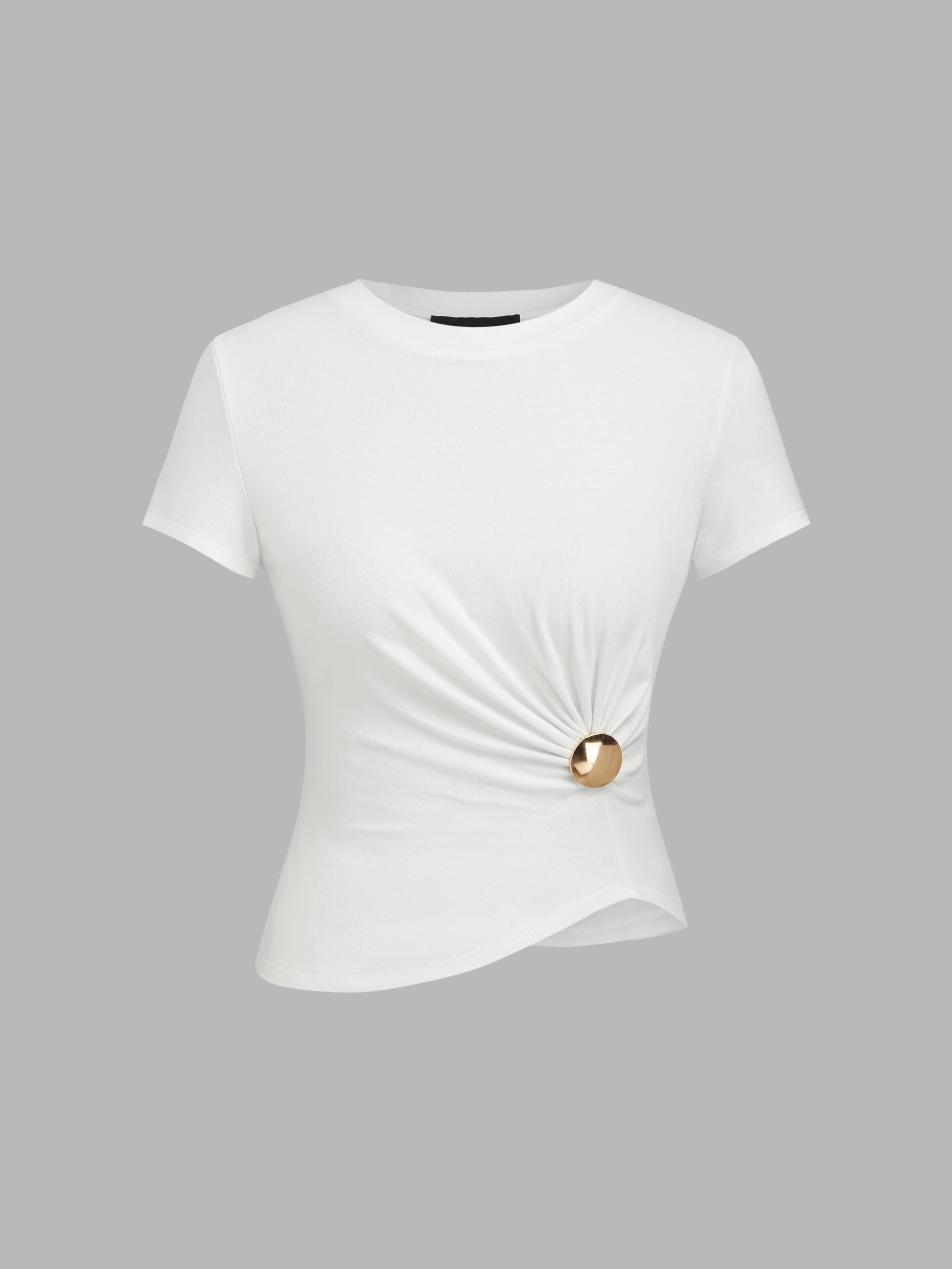Round Neckline Ruched Button Short Sleeve Tee by CIDER