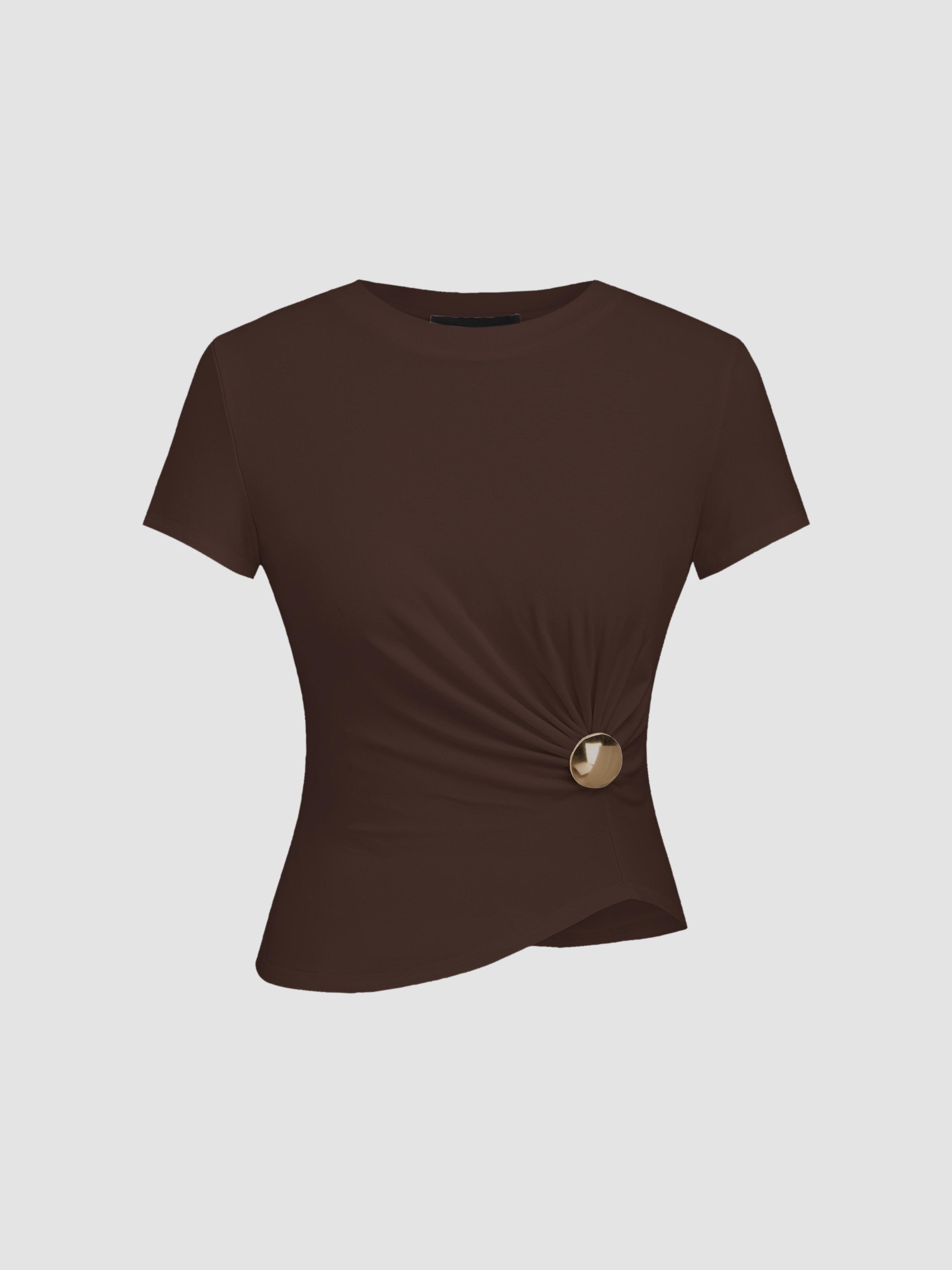 Round Neckline Ruched Button Short Sleeve Tee by CIDER