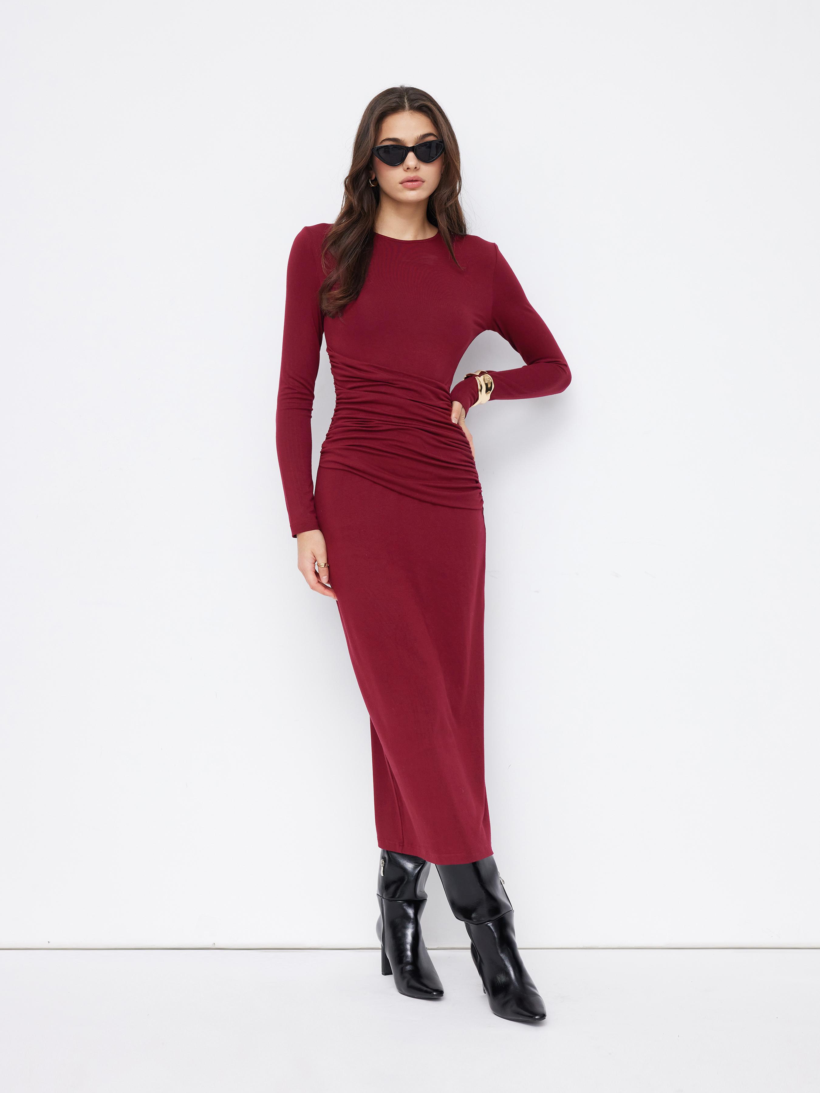 Round Neckline Ruched Long Sleeve Maxi Bobycon Dress by CIDER