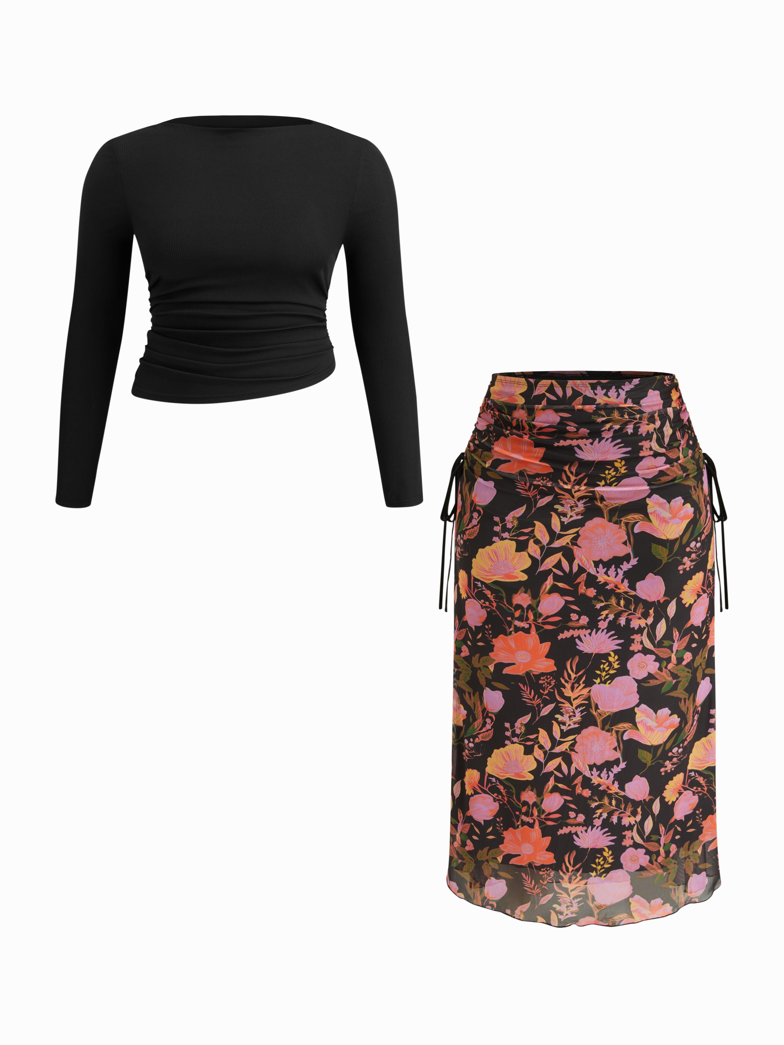 Round Neckline Ruched Long Sleeve Top & Mid Rise Floral Knotted Maxi Skirt Set Curve & Plus by CIDER