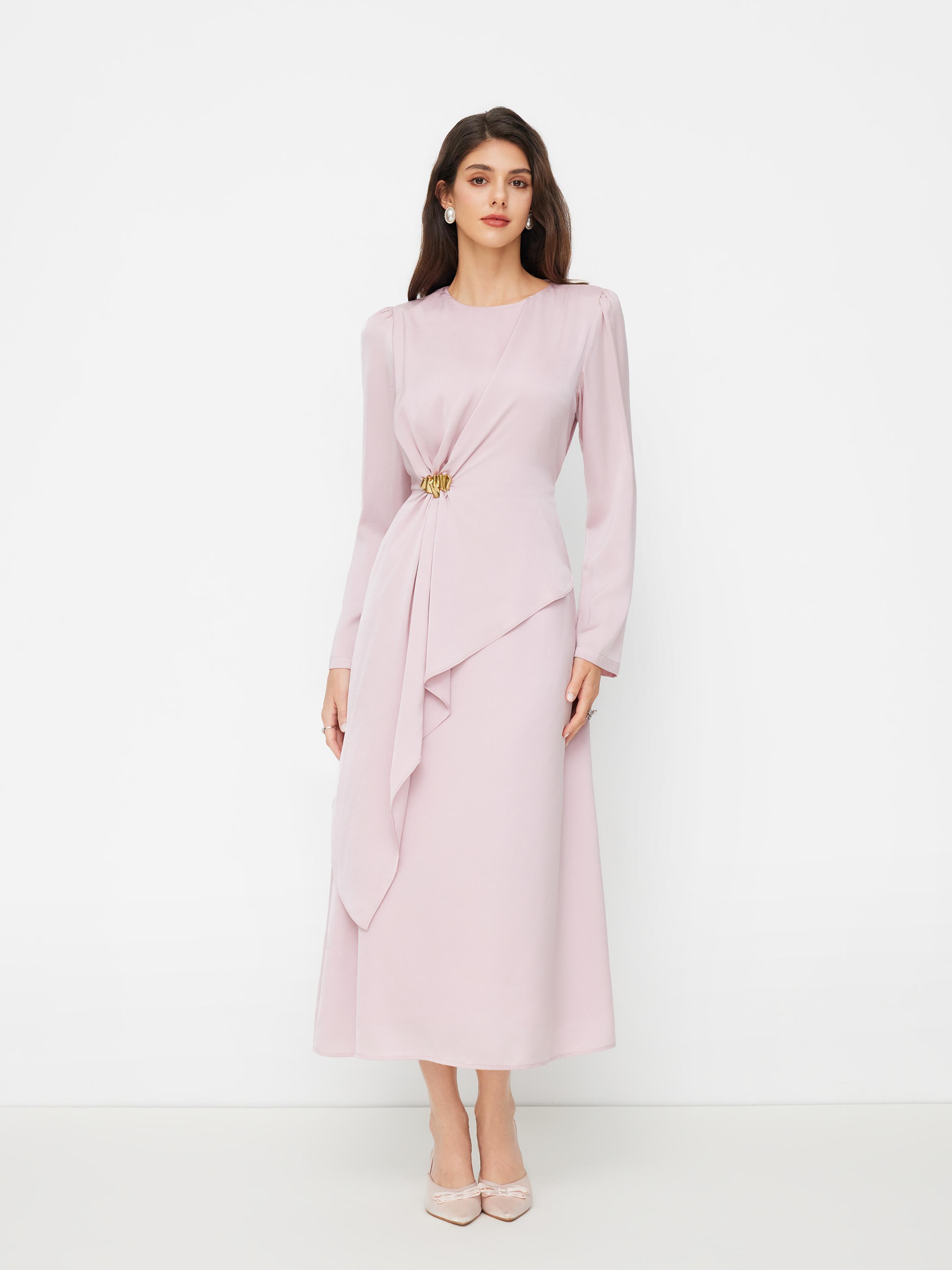 Round Neckline Ruched Metal Detail Knotted Maxi Dress by CIDER