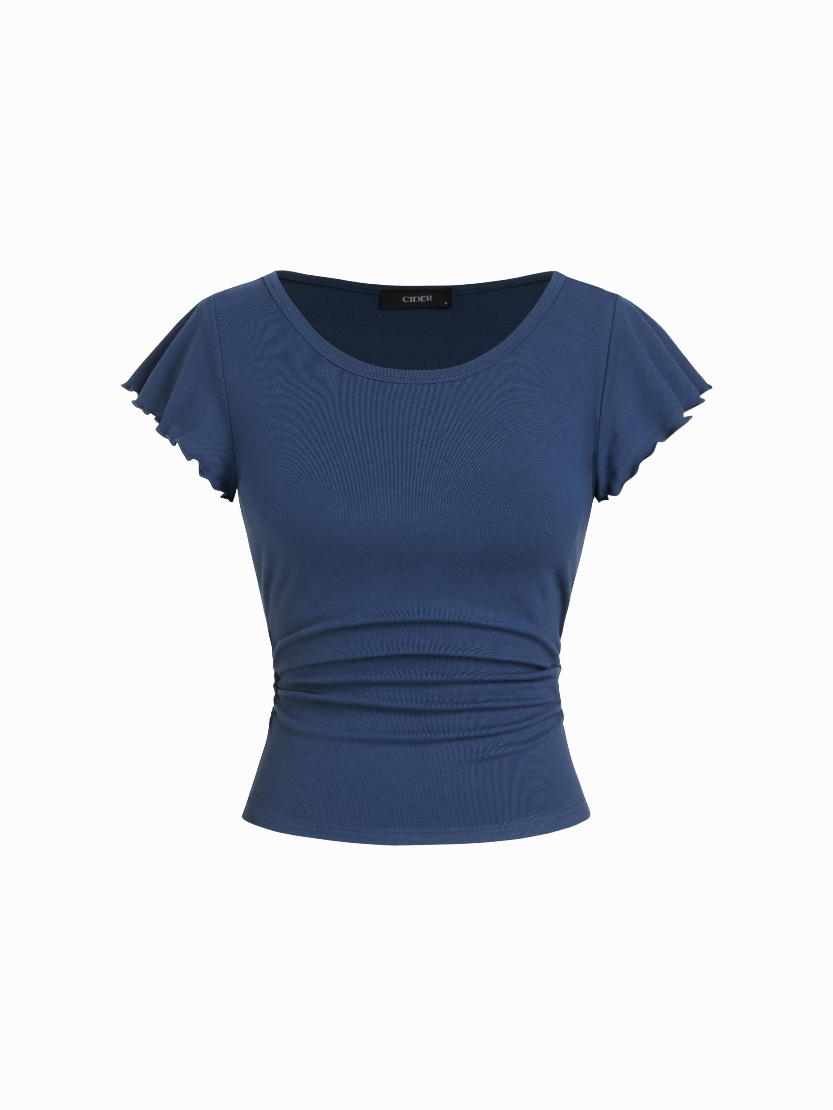 Round Neckline Ruffle Sleeve Ruched Waist Top by CIDER