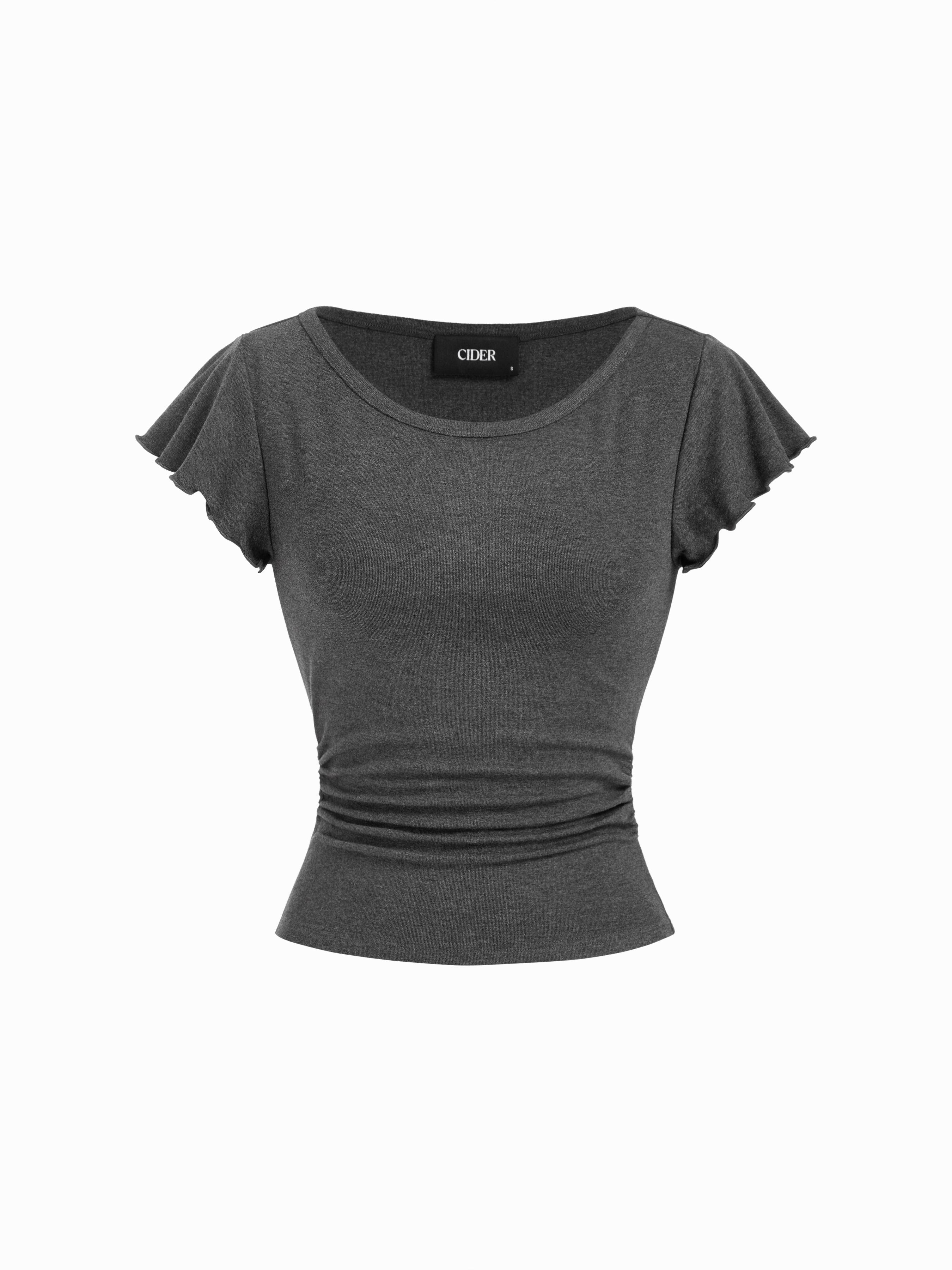 Round Neckline Ruffle Sleeve Ruched Waist Top by CIDER